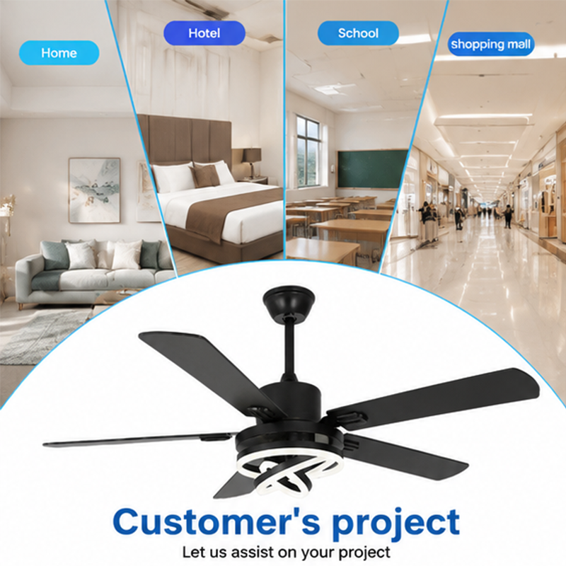 Ceiling fan with light and remote control for dining room, featured in a promotional collage of interior settings.