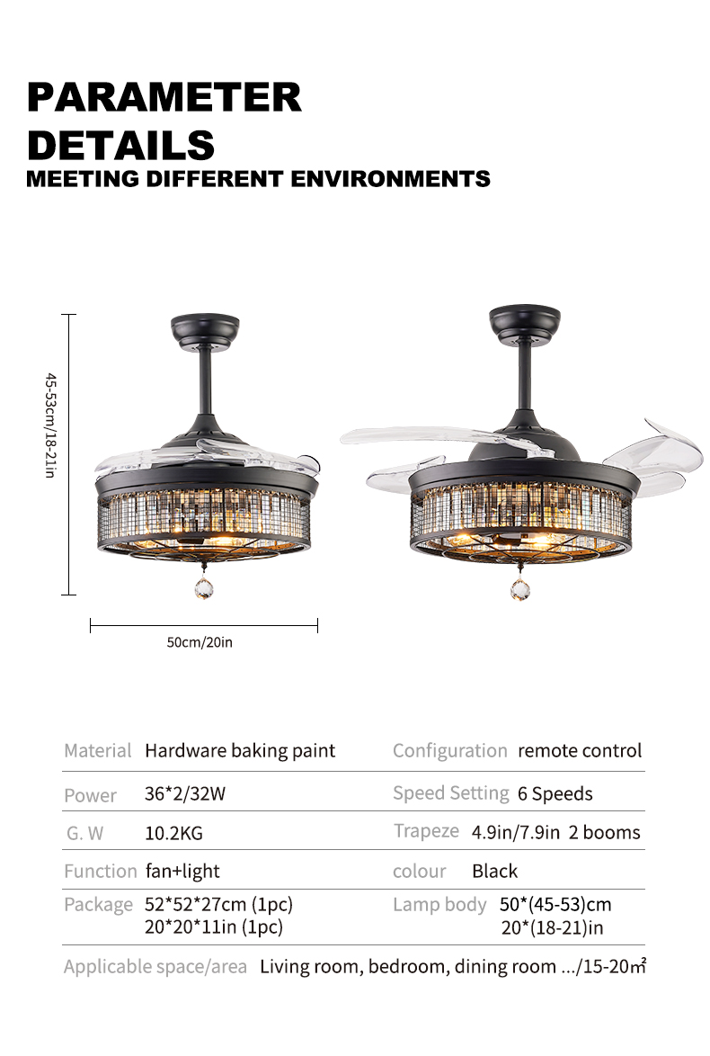 Mesh Crystal Retractable Fan Light Fixture Remote Dimmable Ventilation Lamp