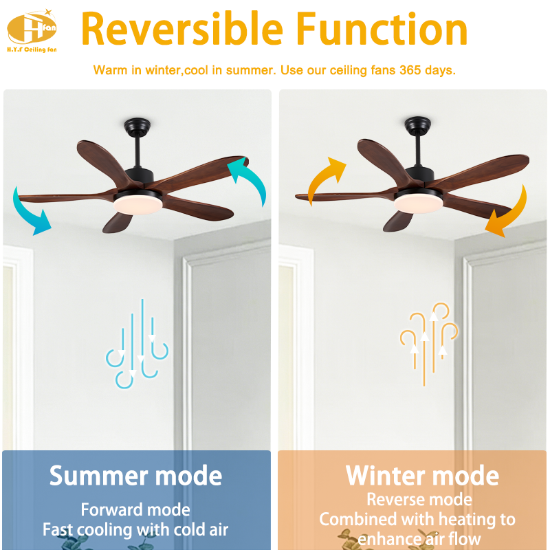 Five solid-wood blades on a black fan light, with arrows comparing forward summer and reverse winter airflow.
