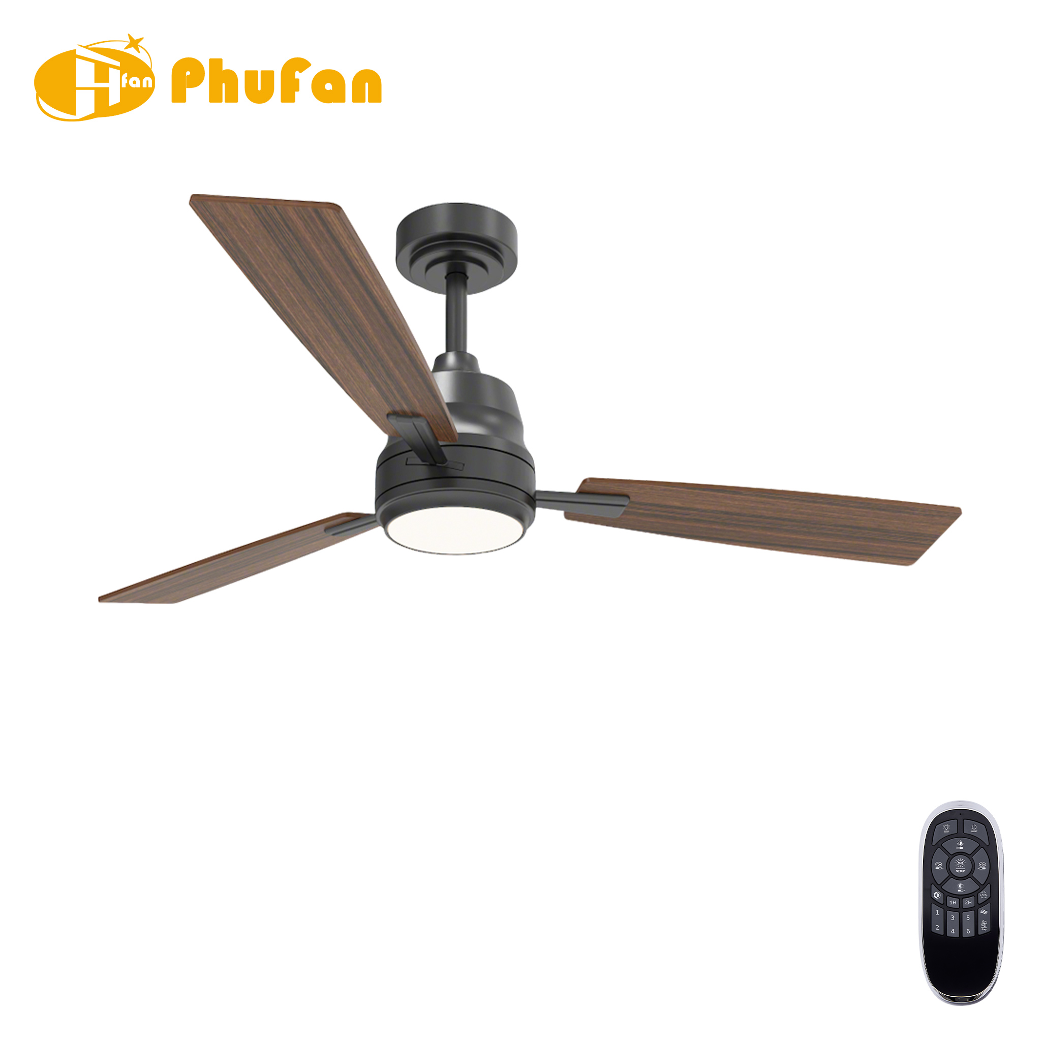 Compact ceiling fan with light for guest bedroom, three plywood blades with dark wood grain and black housing.