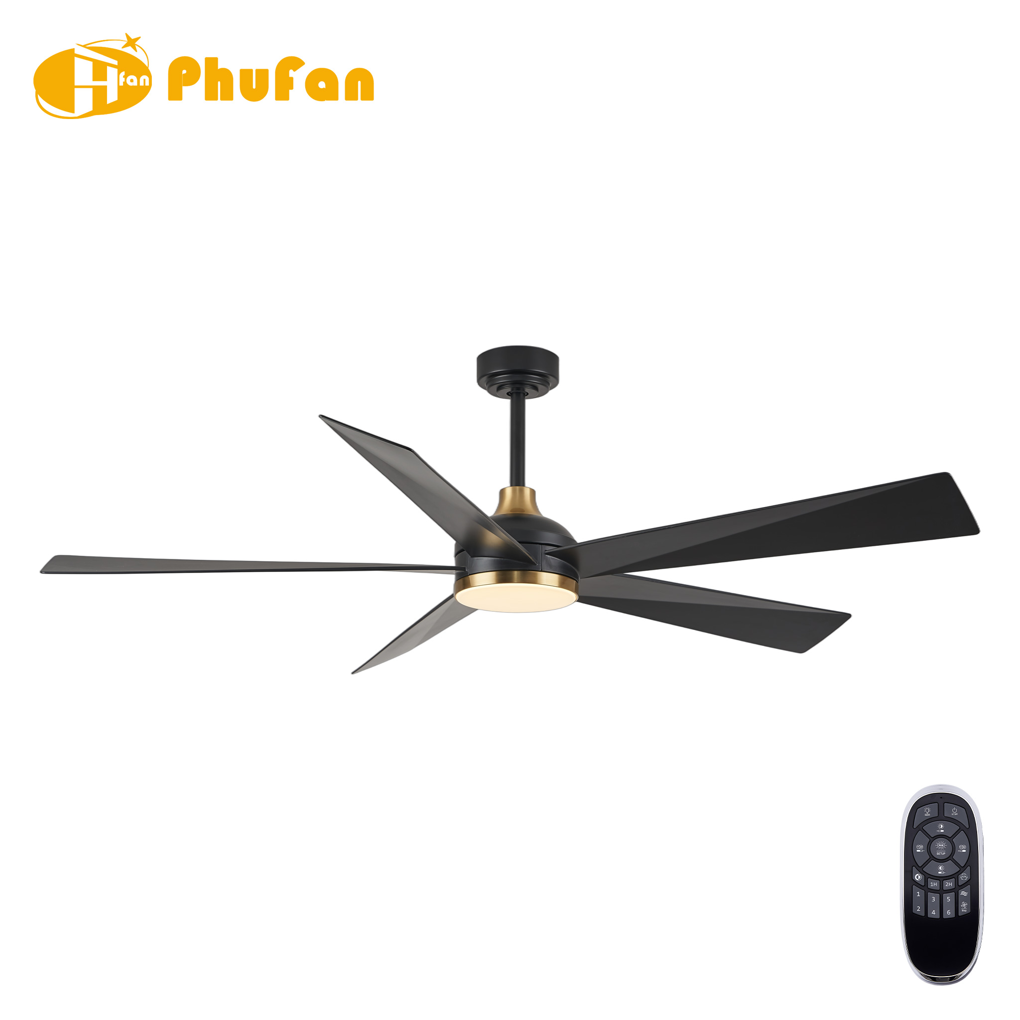 Geometric black fan light with angular blades, brass-colored collar and matching downrod, shown beside its remote.