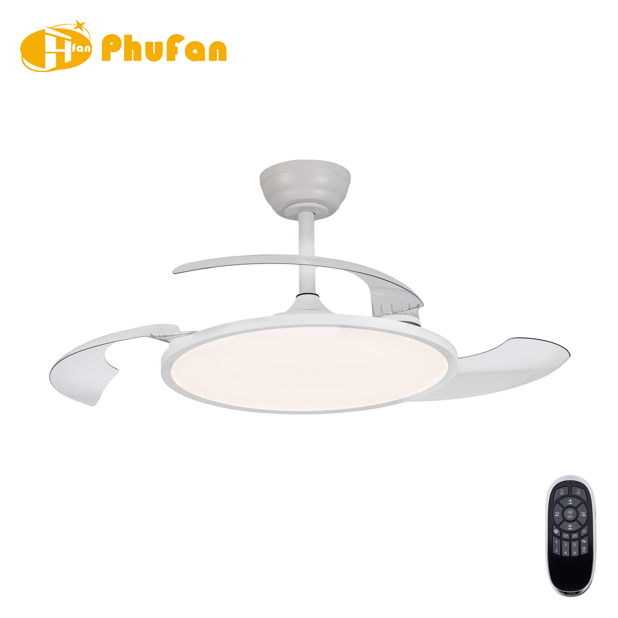 White retractable ceiling fan with a round light panel and transparent blades shown fully extended.