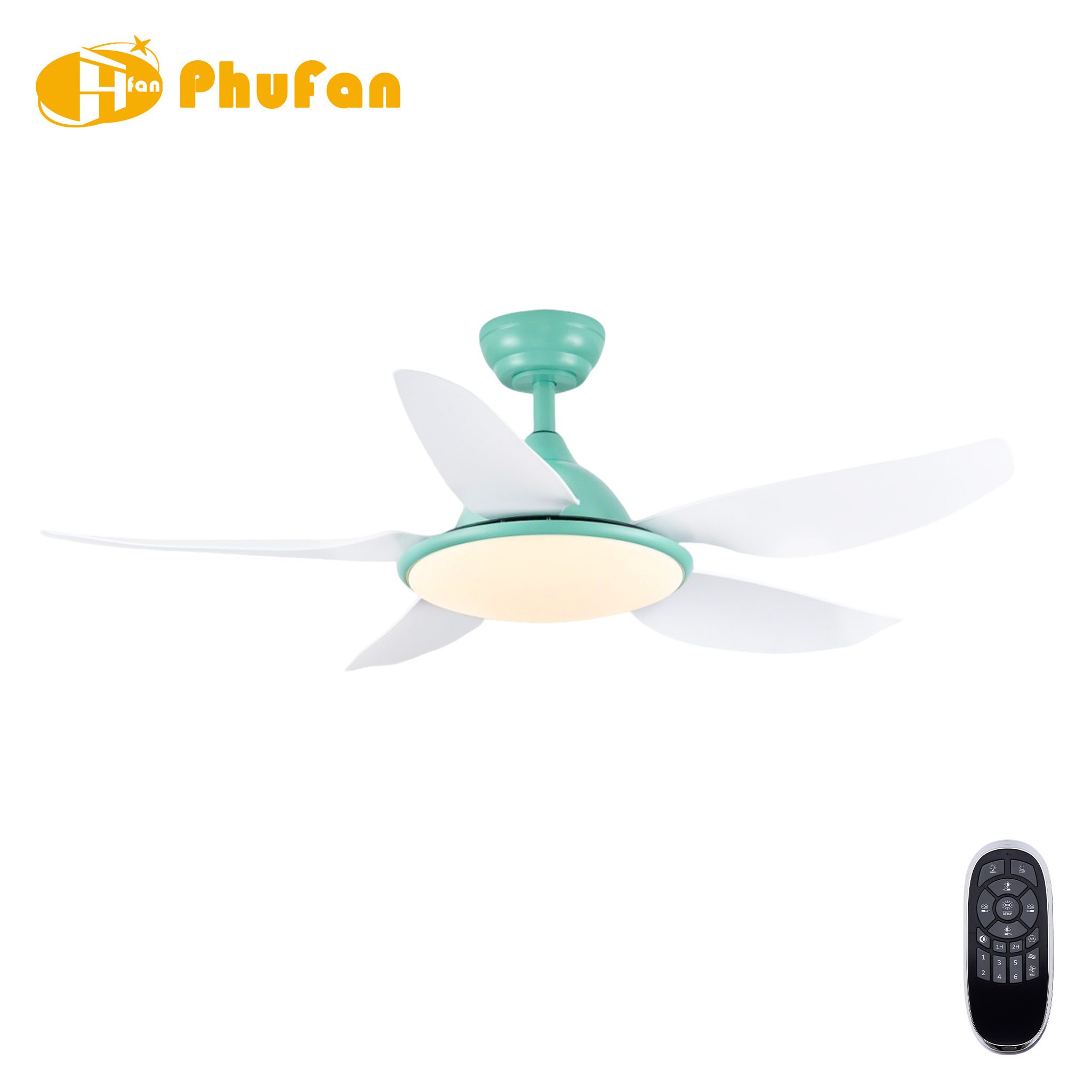 Mint-green and white ceiling fan with a round light, five white ABS blades and a handheld remote.