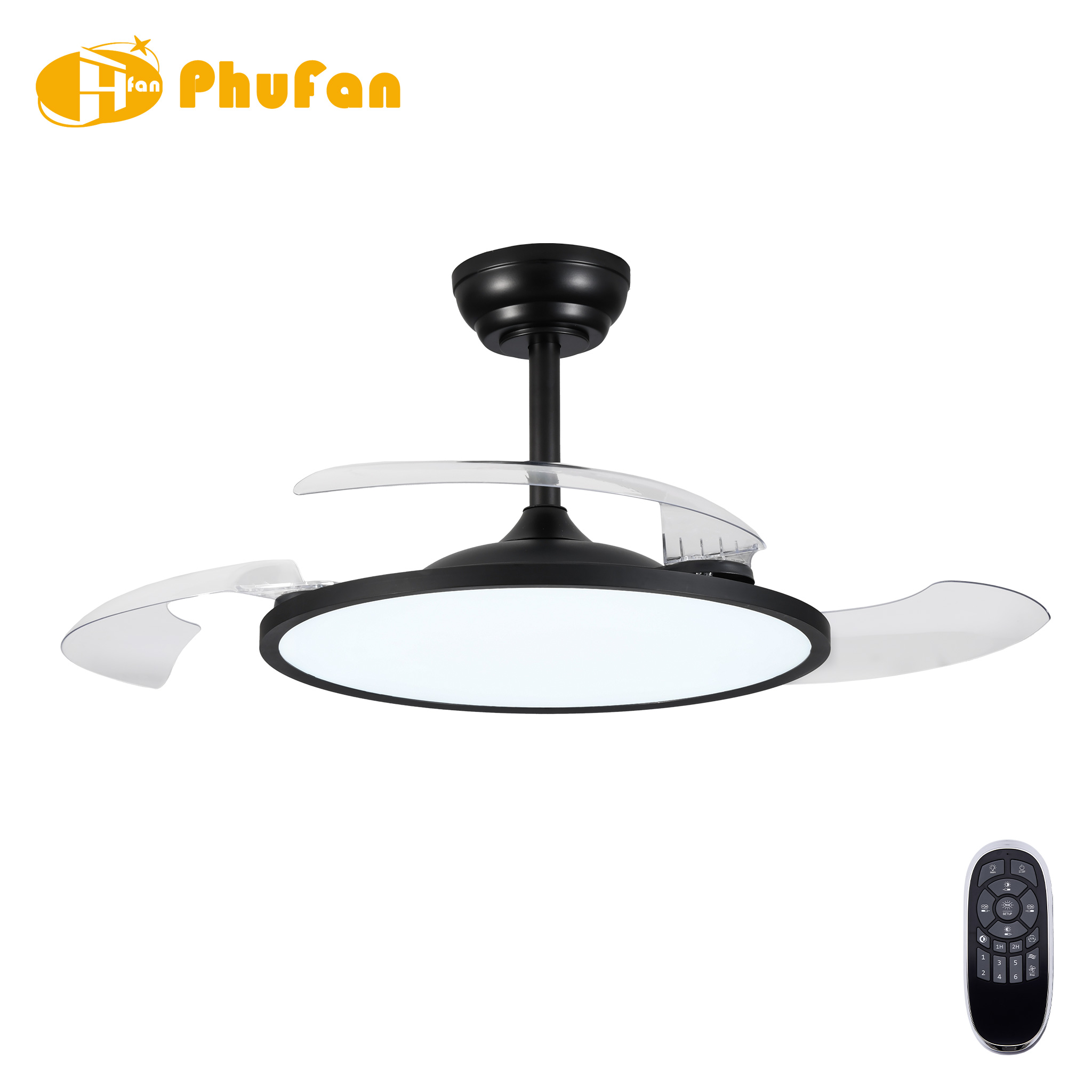 Low profile contemporary ceiling fan with light, black housing and clear retractable blades shown extended.