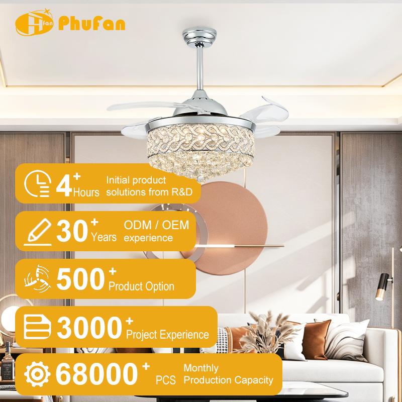 Crystal ceiling fan with light for living room, polished chrome frame and clear retractable blades pictured above a sofa.