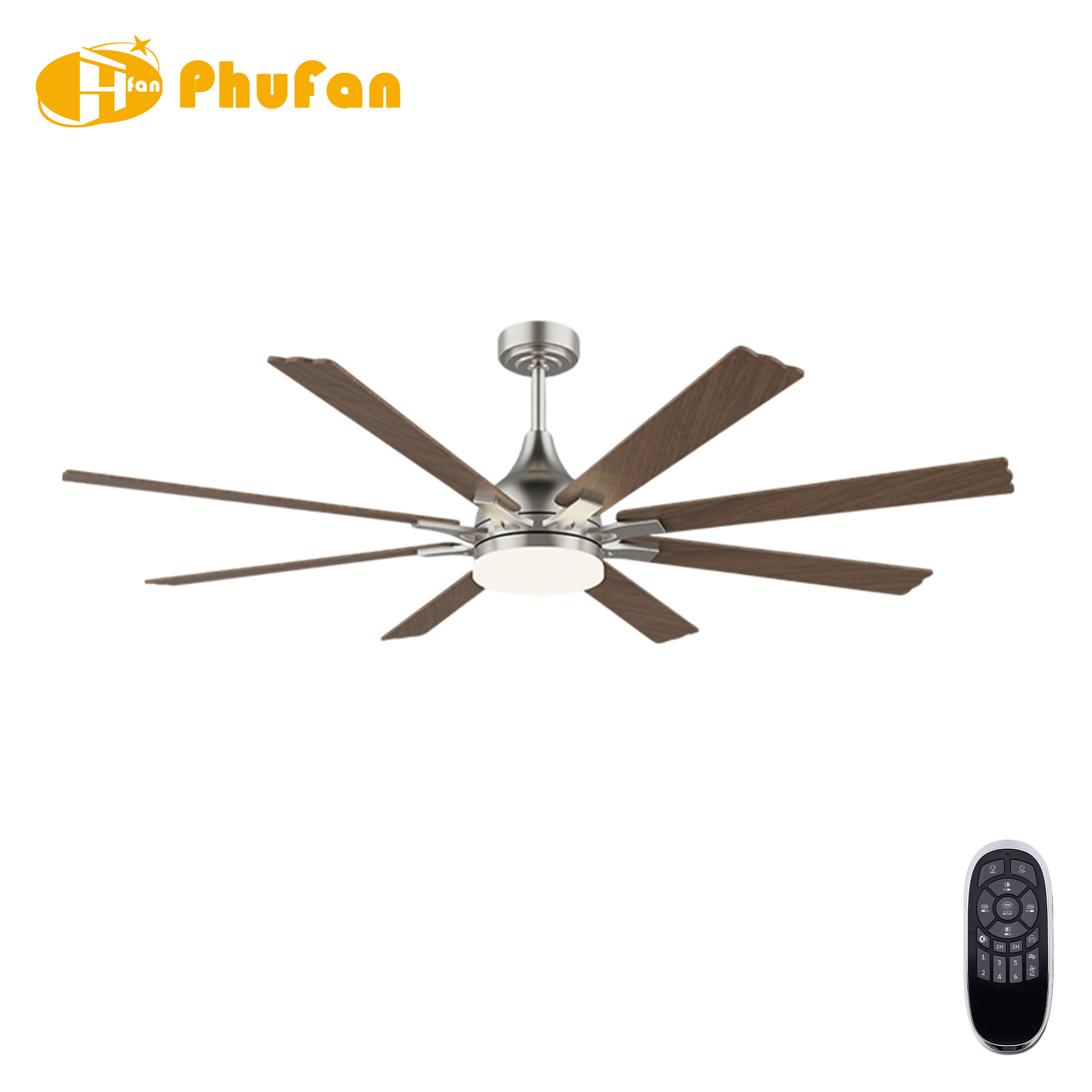 Eight wood-grain blades on a large brushed nickel fan light, shown beside the handheld remote.