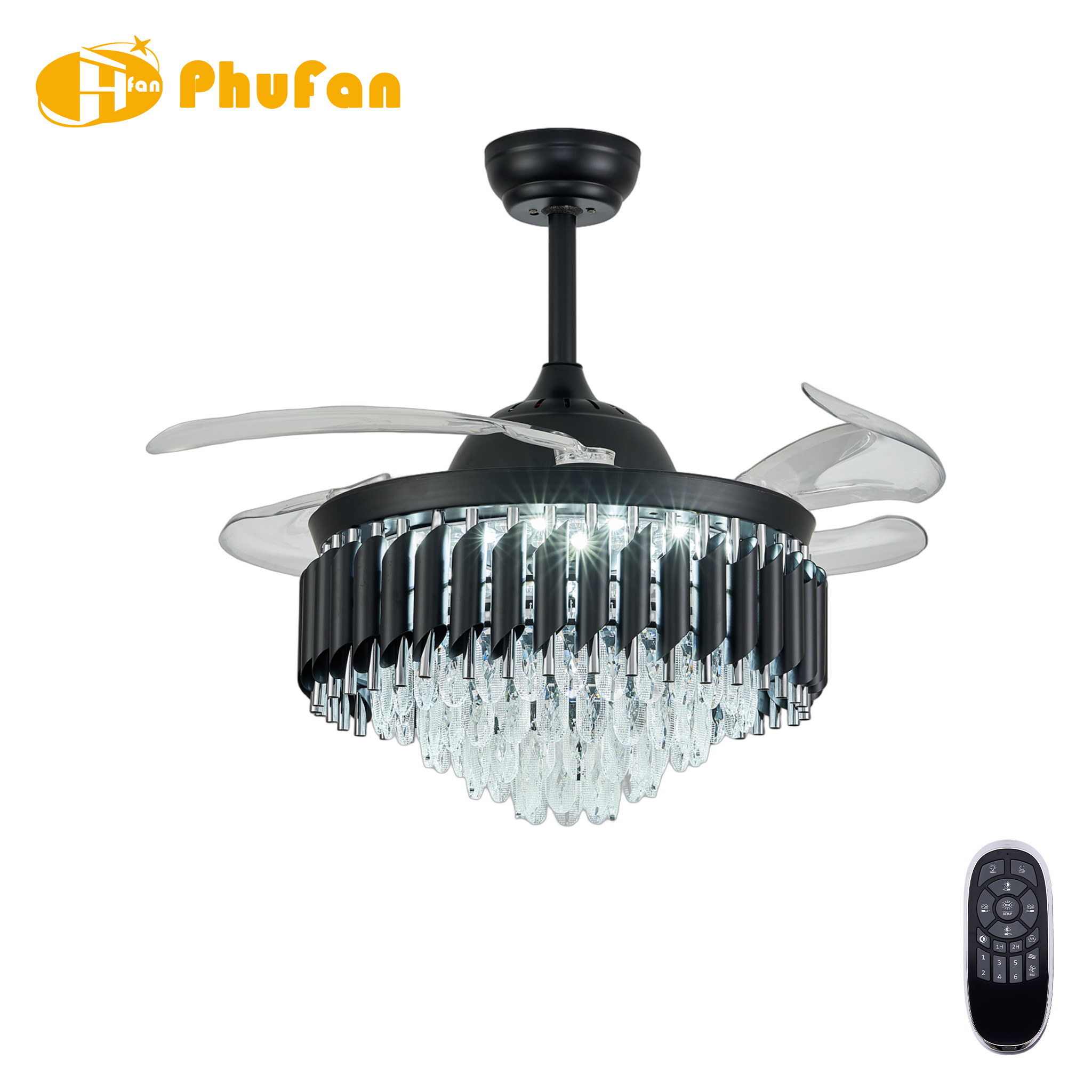 Black and silver retractable fan light with clear blades and teardrop-shaped crystal pendants, shown beside its remote.