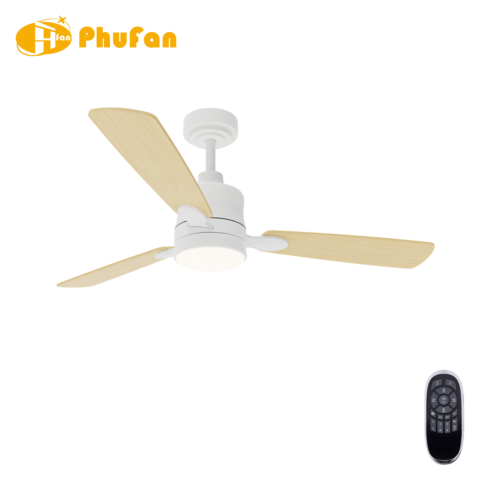 Mini white ceiling fan with light, pale wood-grain plywood blades and white housing pictured with a remote.