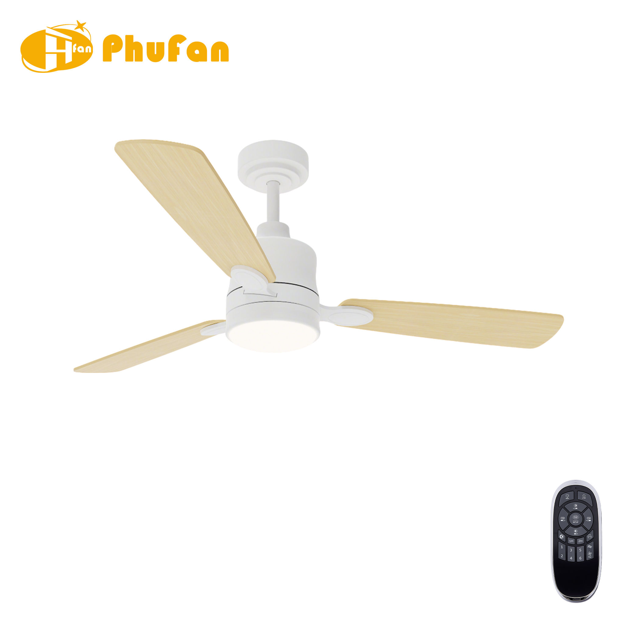 Mini white ceiling fan with light, pale wood-grain plywood blades and white housing pictured with a remote.