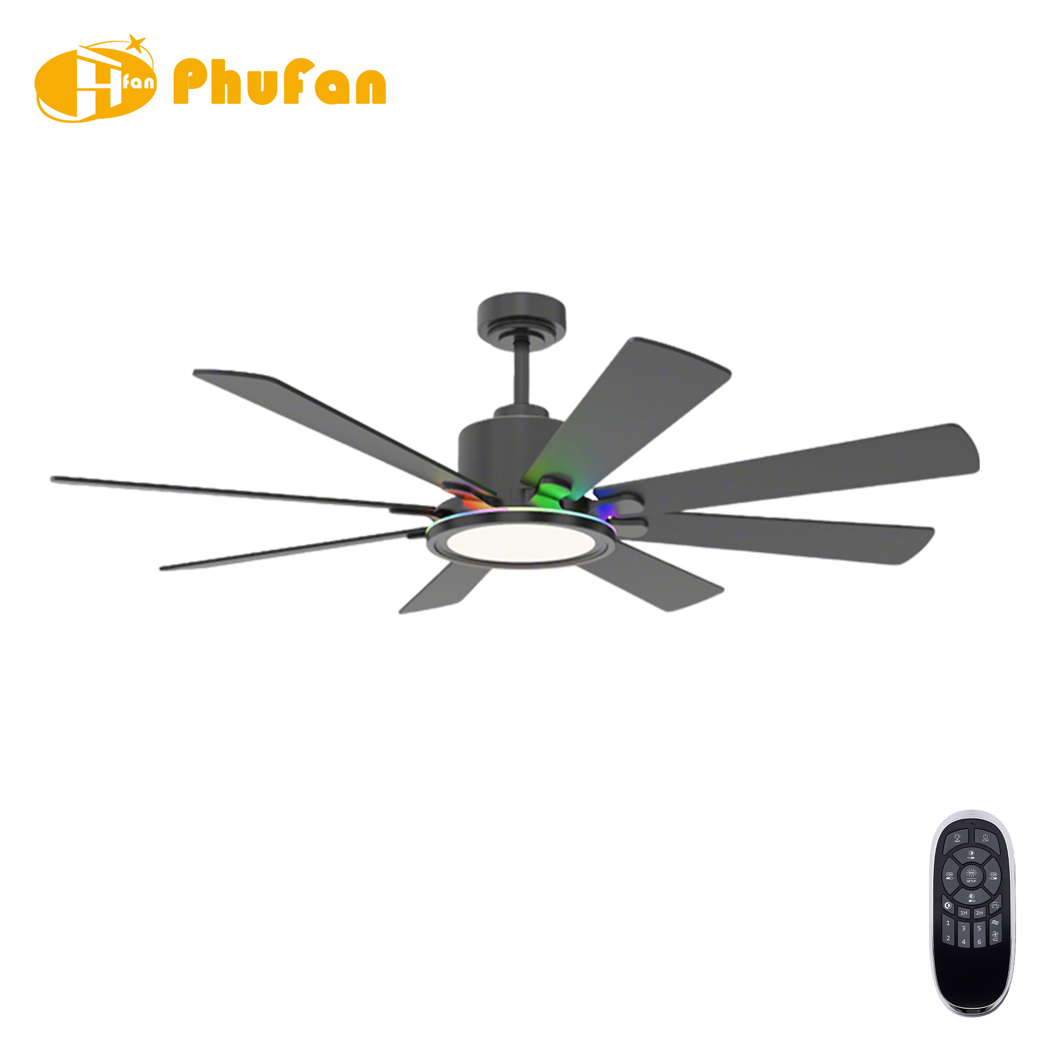 8-Blade Downrod Mount Ceiling Fan Reversible Wood Blades RGB Ambient LED Light