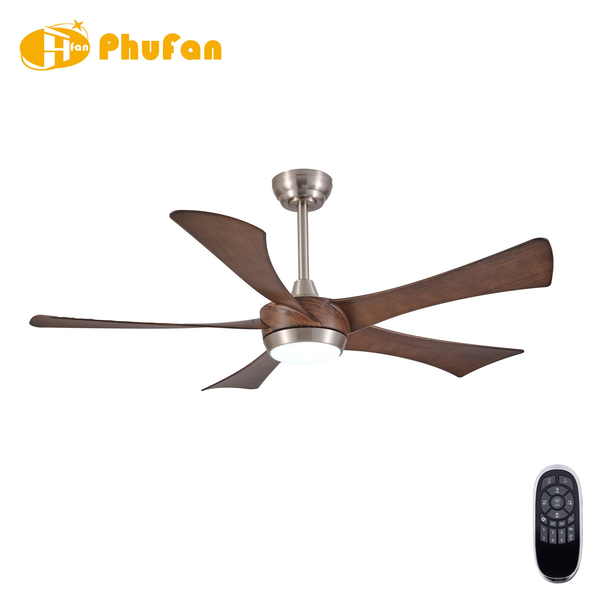 Retro ceiling fan with light and DC motor, walnut-grain ABS blades and a brushed nickel canopy.