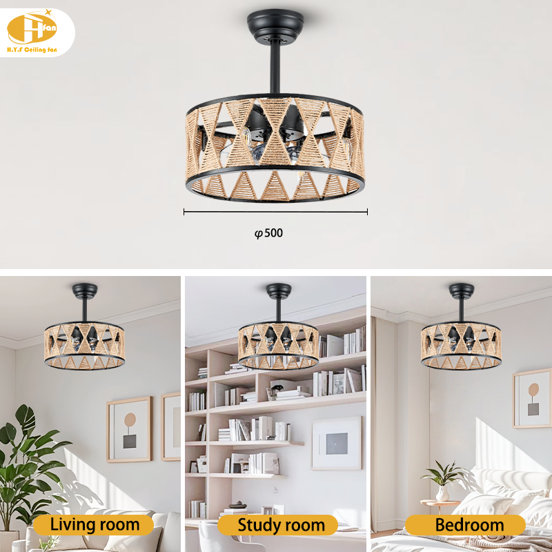 Caged Rattan Ceiling Fan Light Remote Reversible DC Motor For Dining Room Cafe