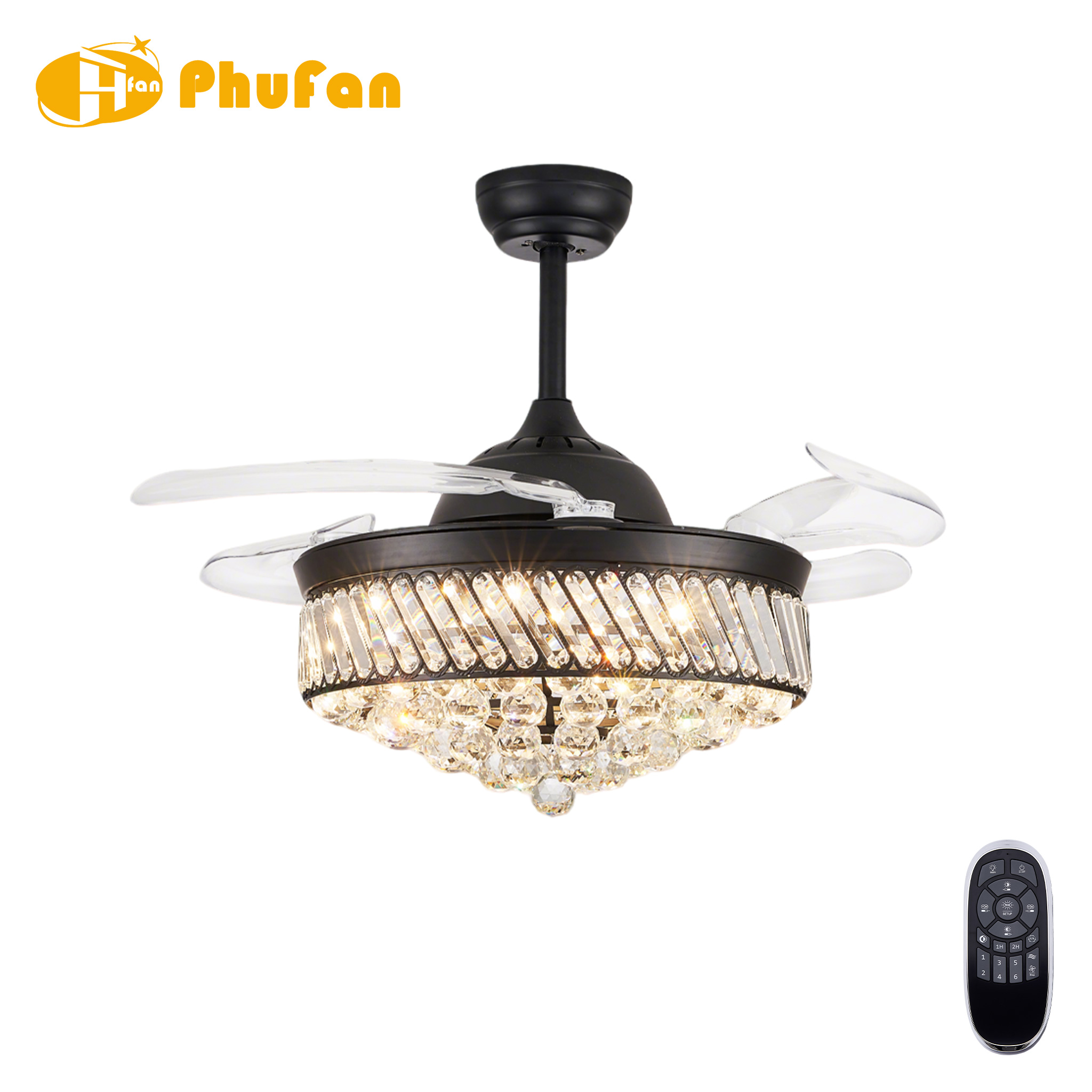 Luxury Crystal Ceiling Fan Light, Hidden Transparent Blades, 3Color Dimmable LED