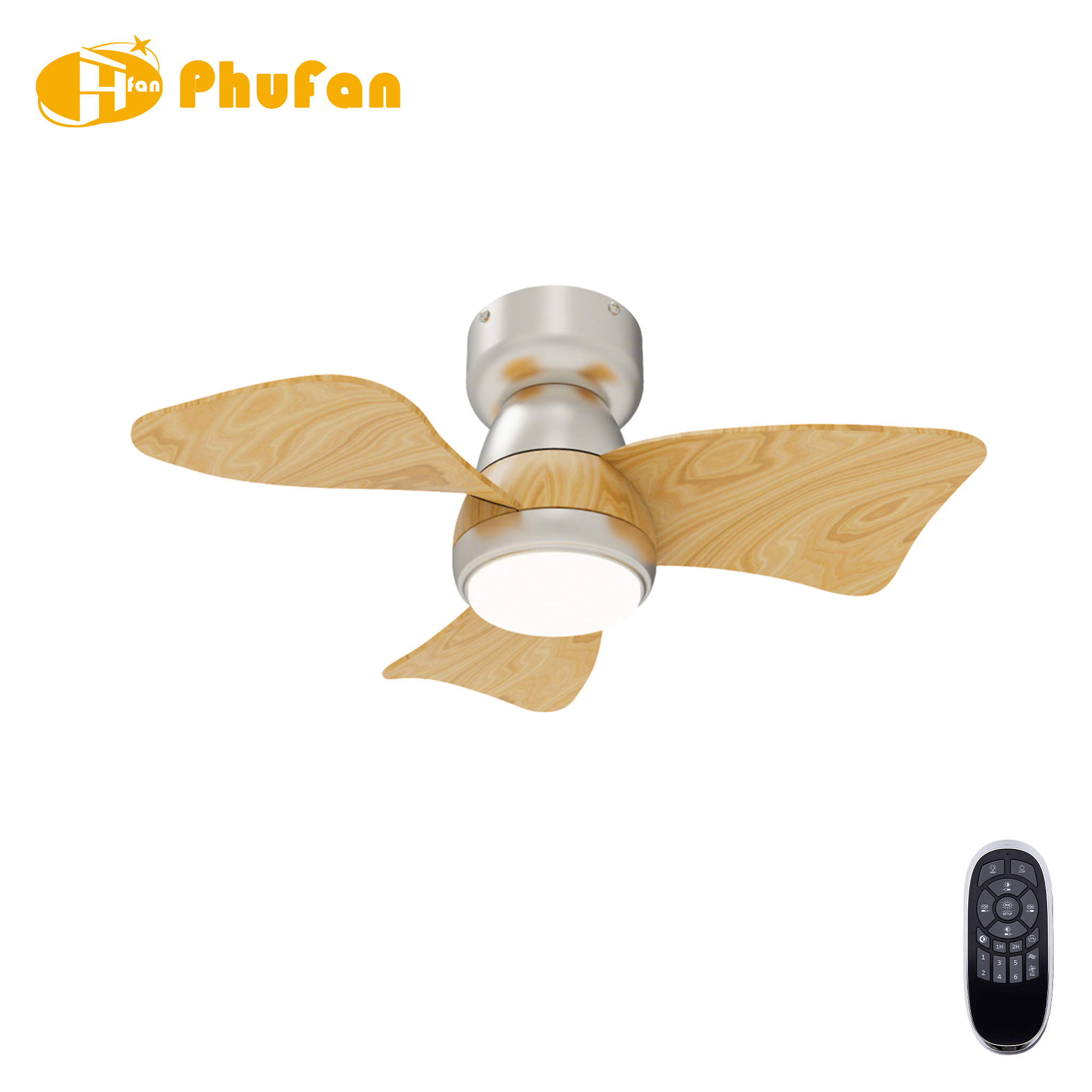 Hugger ceiling fan with light for bedroom, pale wood-grain ABS blades and a silver housing shown from below.