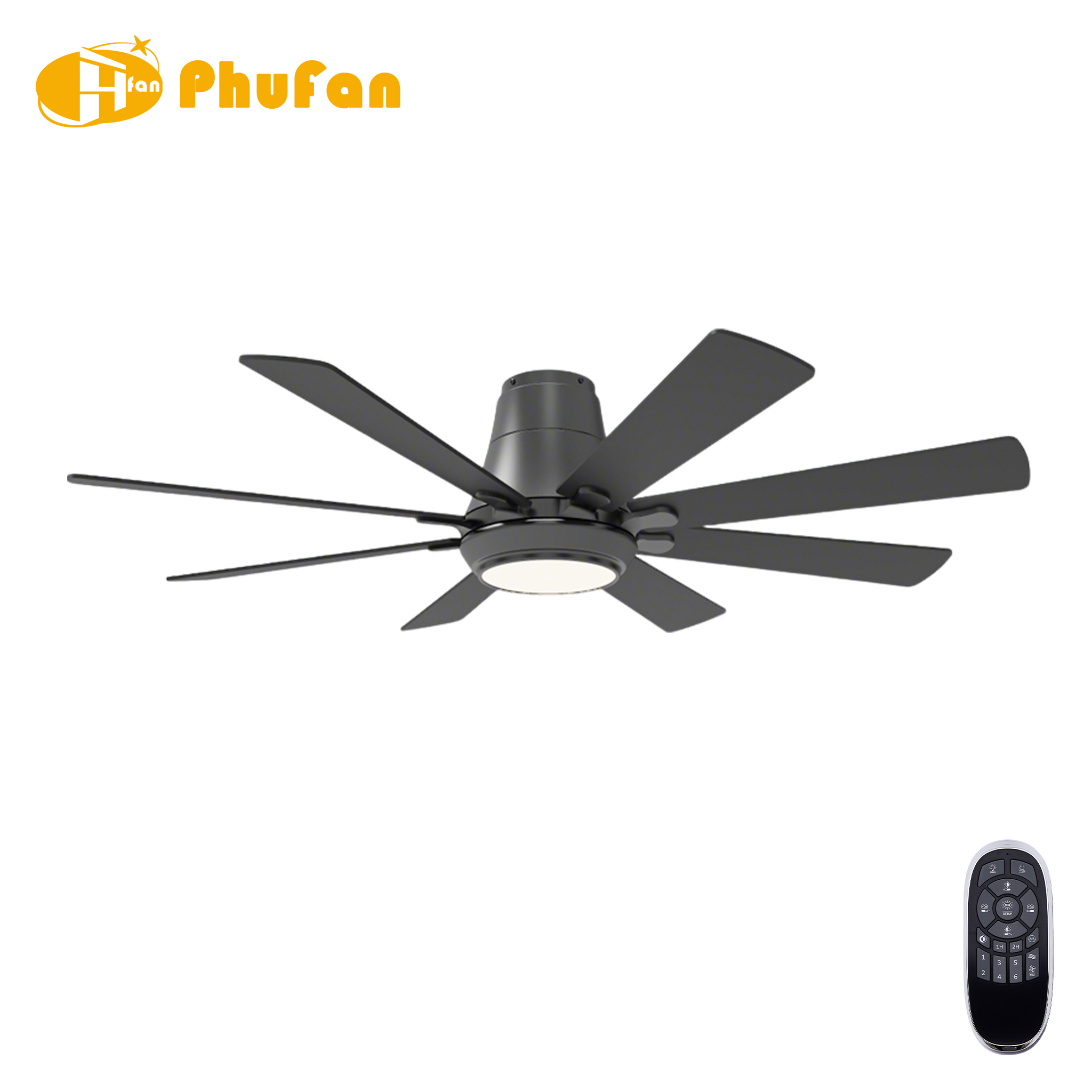 Compact wood ceiling fan with light, eight matte black plywood blades and a flush-mount housing.