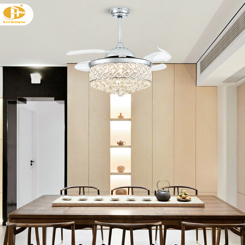 Crystal Retractable Ceiling Fan with Light Remote Control & DC Motor for Bedroom