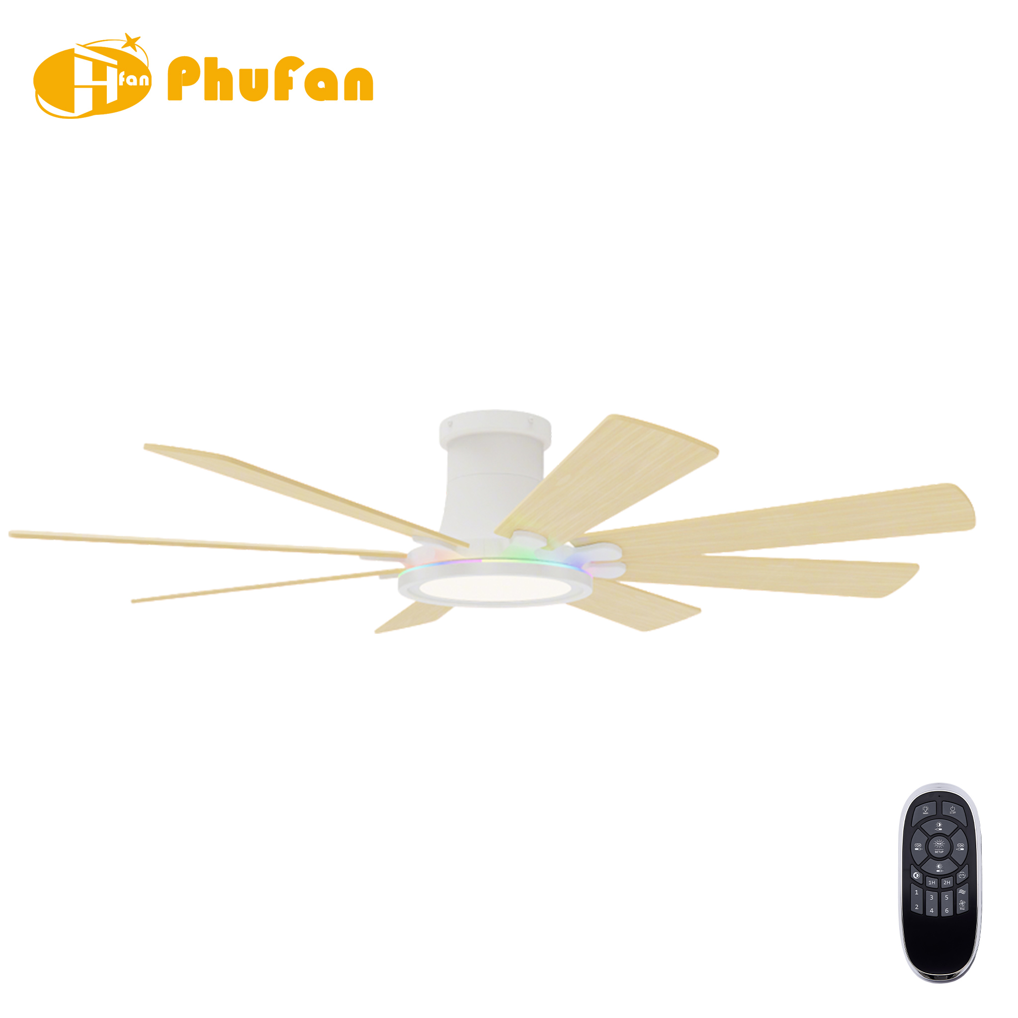 Flush Mount Ceiling Fan RGB Dimmable LED Light with Remote for Large Living Room