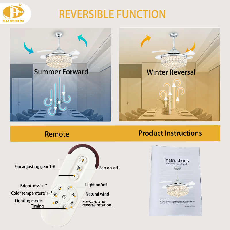 תמונה ממוזערת: Crystal Retractable Ceiling Fan with Light Remote Control & DC Motor for Bedroom