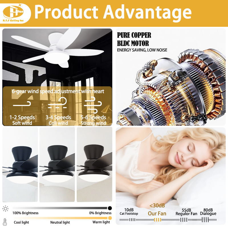 Compact Modern Ceiling Fan with Light - Black or White Hugger