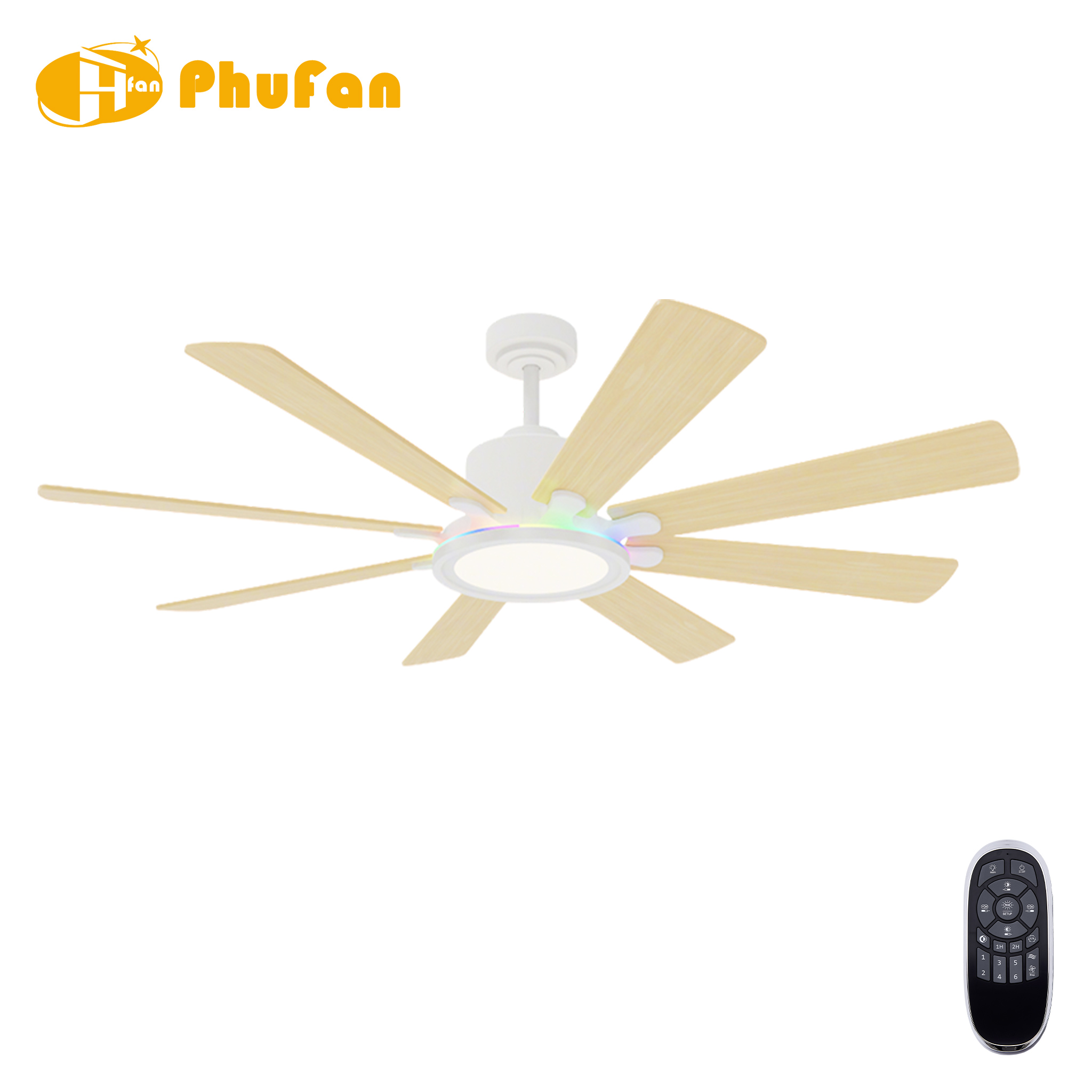 8-Blade Downrod Mount Ceiling Fan Reversible Wood Blades RGB Ambient LED Light