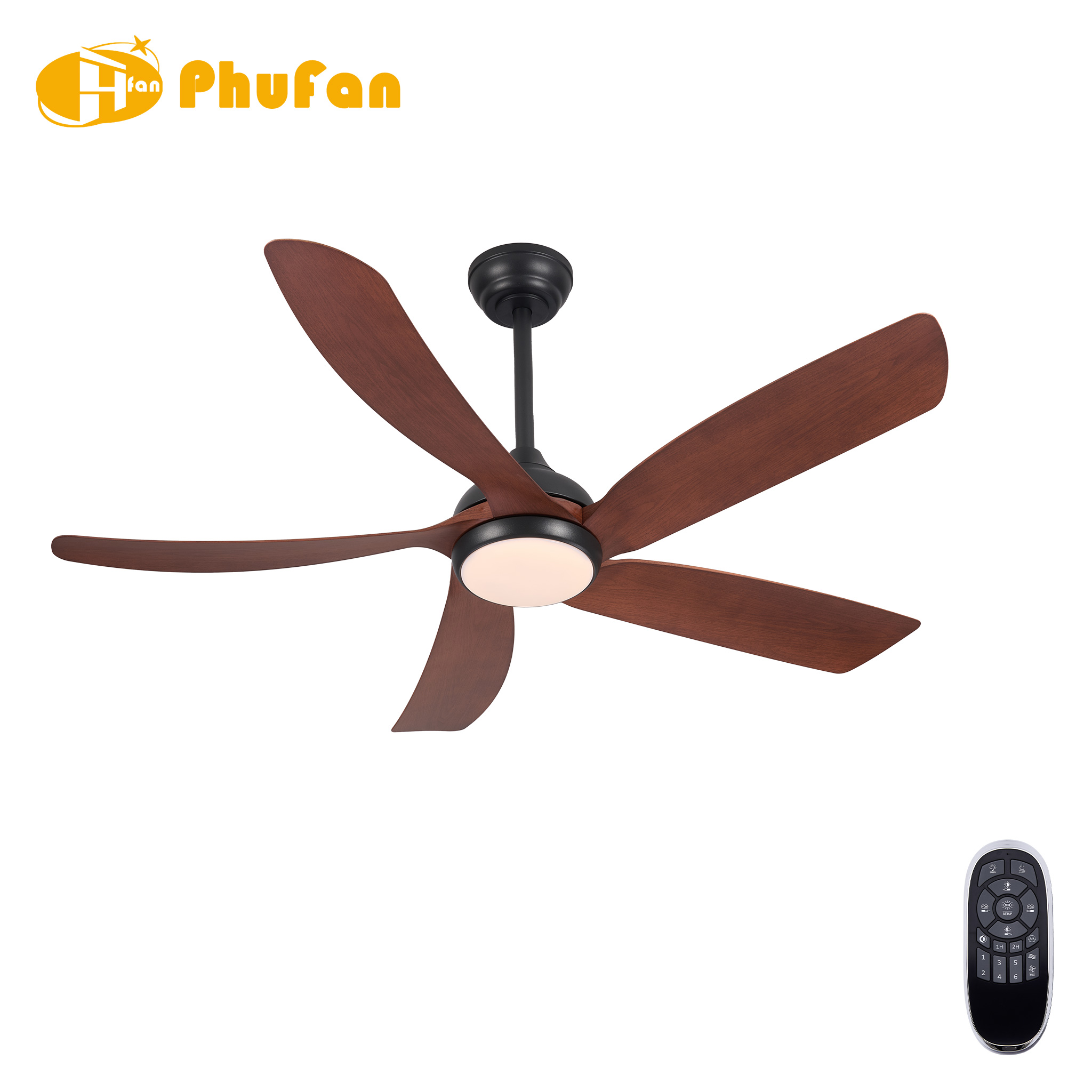 Five walnut-finish ABS blades on a black fan light with an integrated round diffuser, pictured beside a remote.