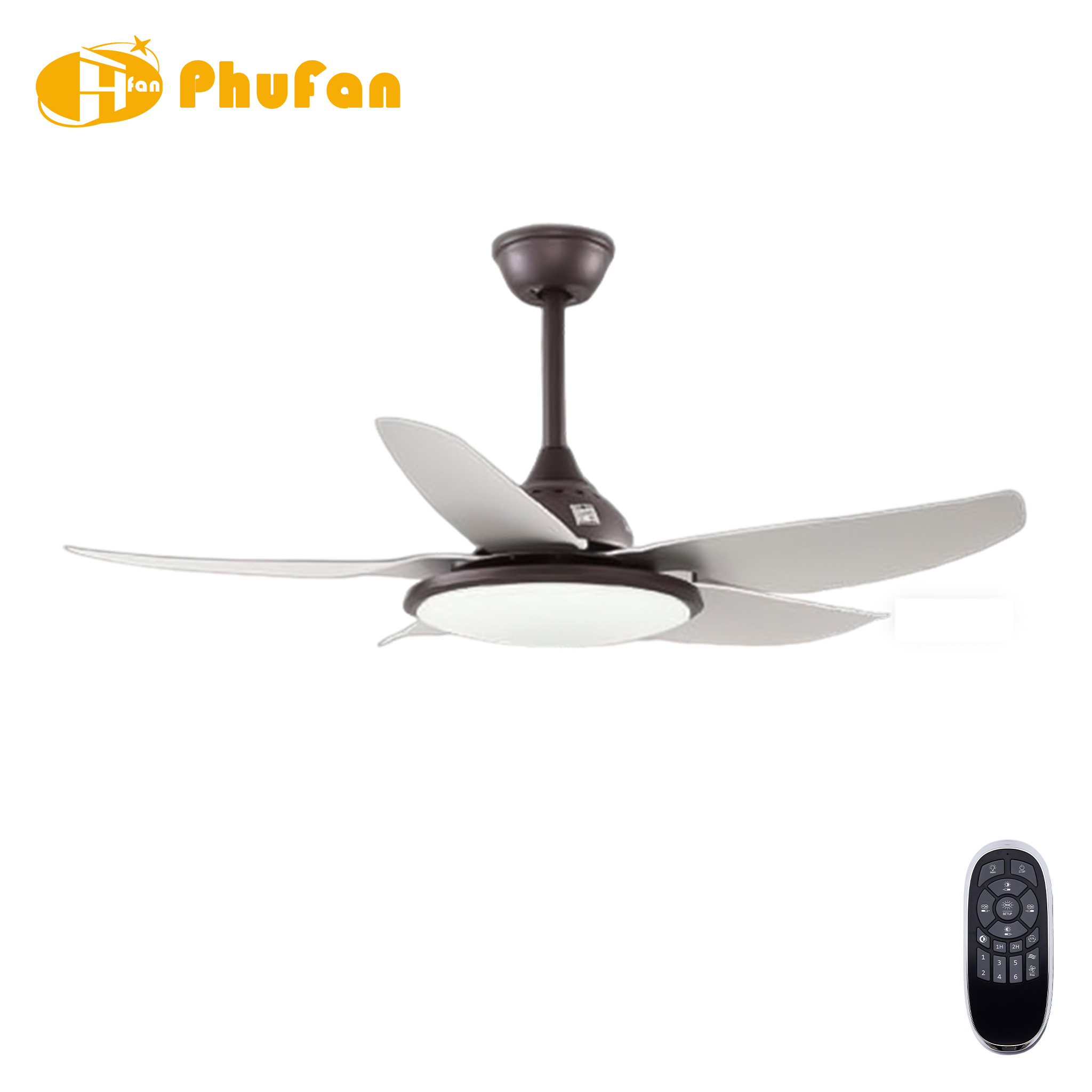 Coffee-colored fan light with five light-gray ABS blades and a round diffuser, pictured beside its remote.