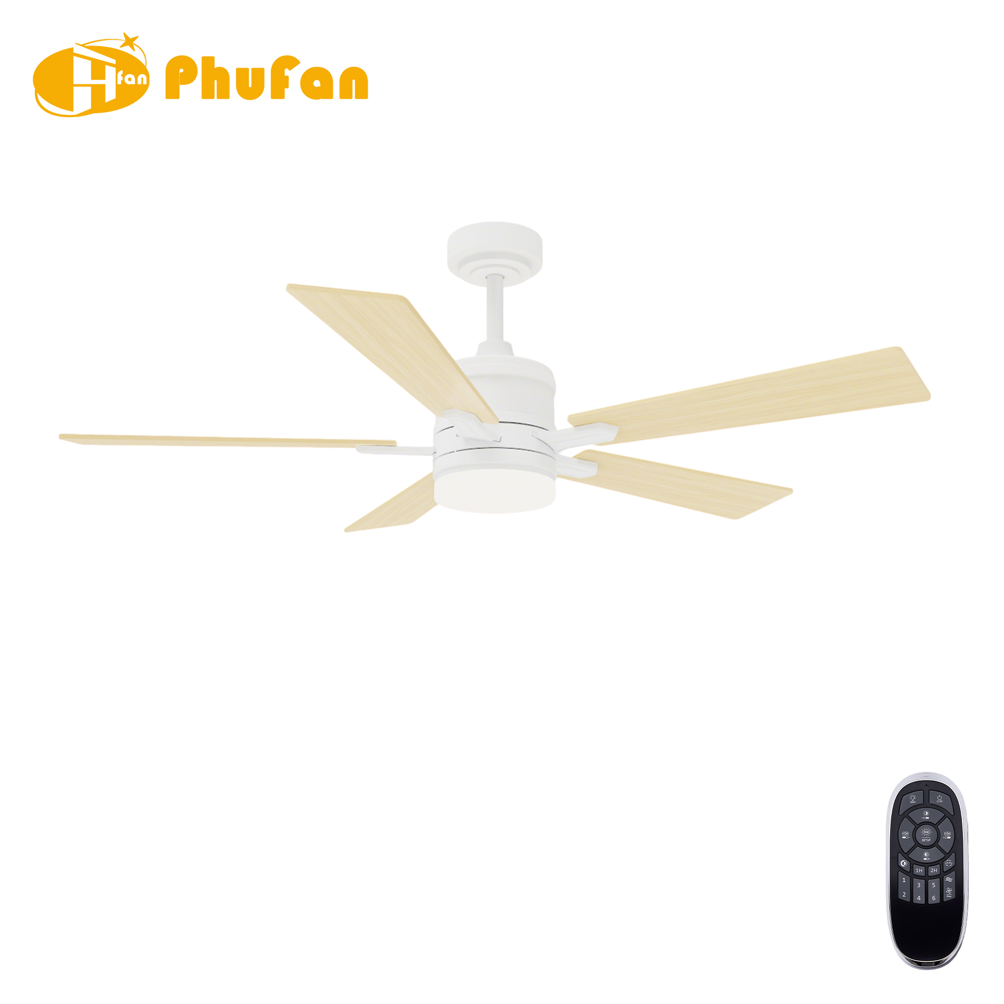 Five pale wood-grain plywood blades on a white fan light, with a matching downrod and handheld remote.