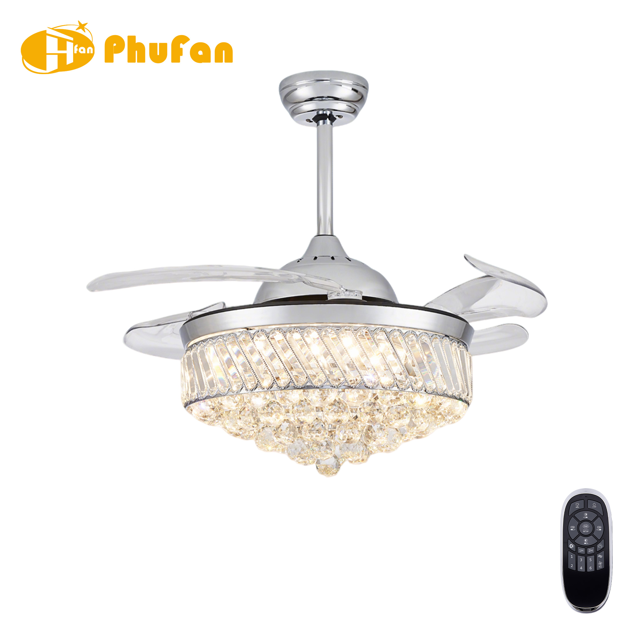 Chrome retractable fan light with clear blades, diagonal crystal strips and hanging crystal pendants, shown with a remote.