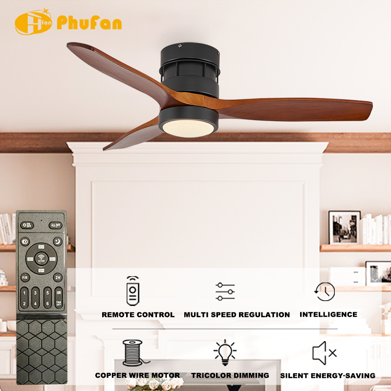 Rustic ceiling fan with light for living room, three solid-wood blades in a walnut finish on a black flush-mount housing.