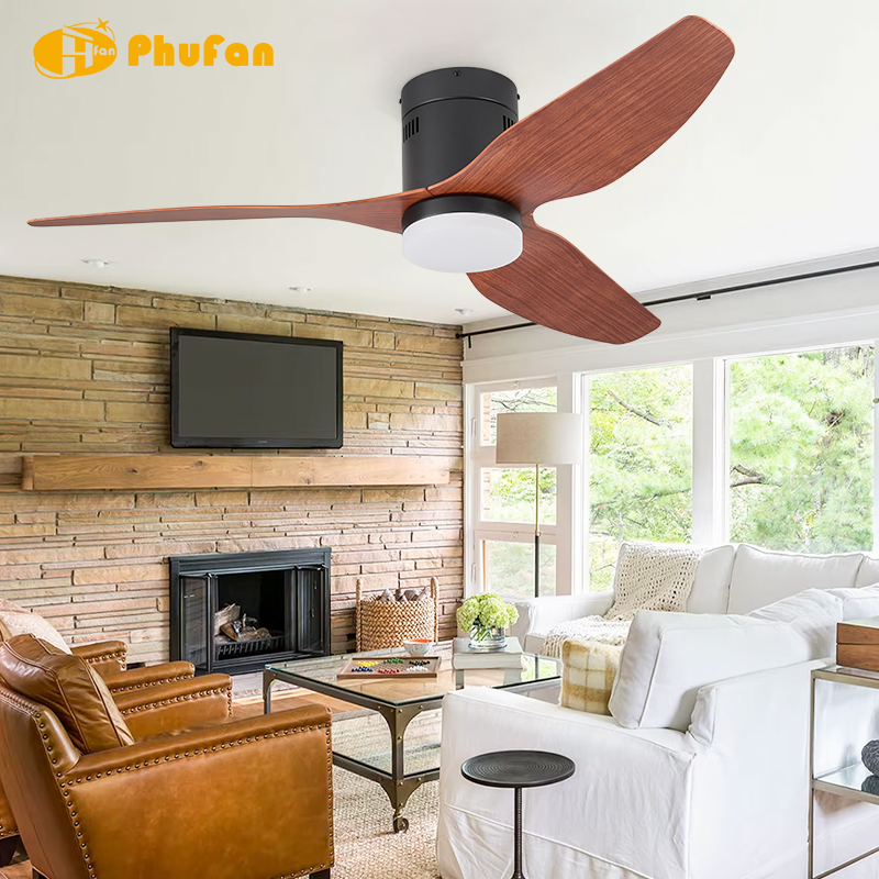 Flush Mount Ceiling Fan with Light - Wood-Grain ABS Blades