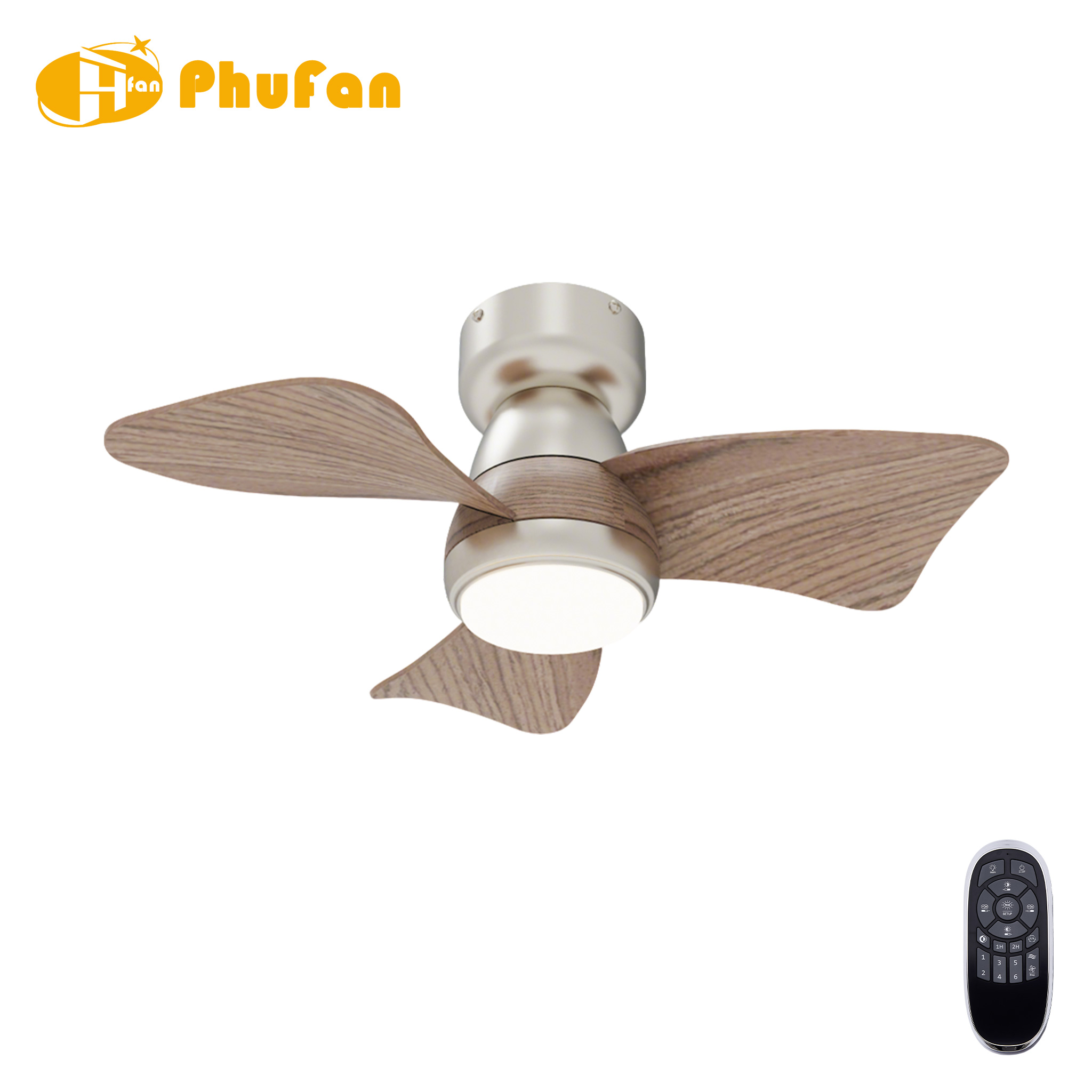 Compact ceiling fan with light for bedroom, three broad wood-grain ABS blades and silver housing.