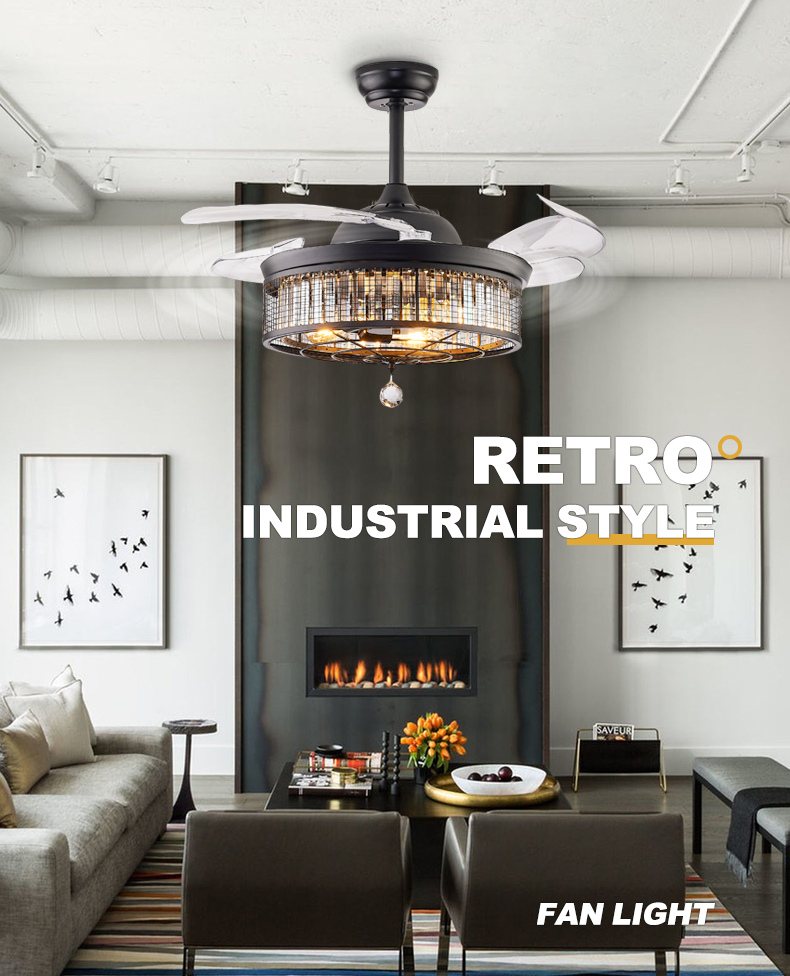 Industrial ceiling fan with light for dining area, black mesh and crystal shade pictured above a dining table.