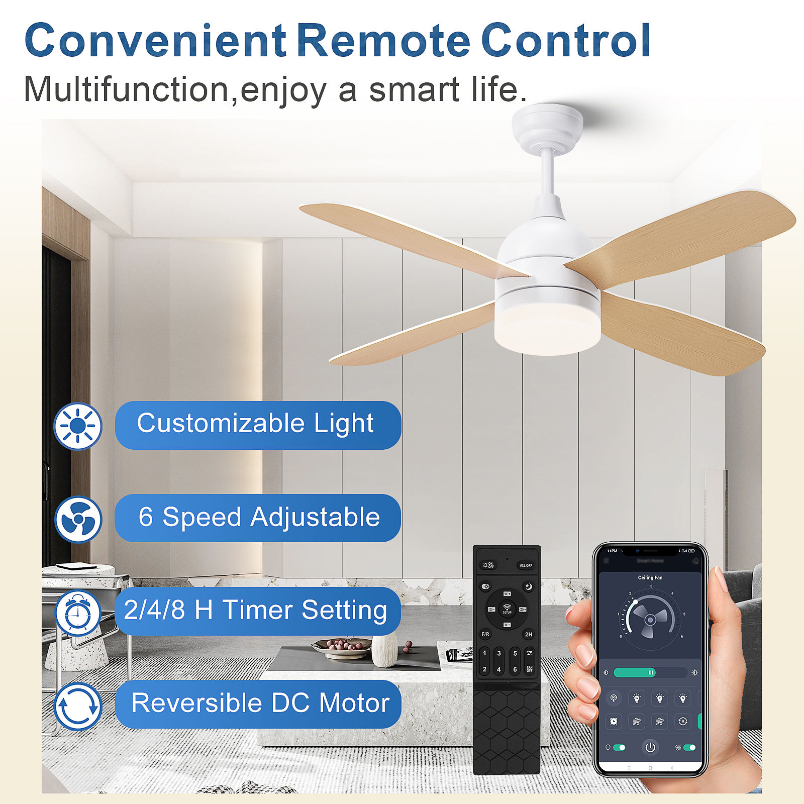 4 Plywood Blade Ceiling Fan Light Remote Silent Reversible BLDC Motor