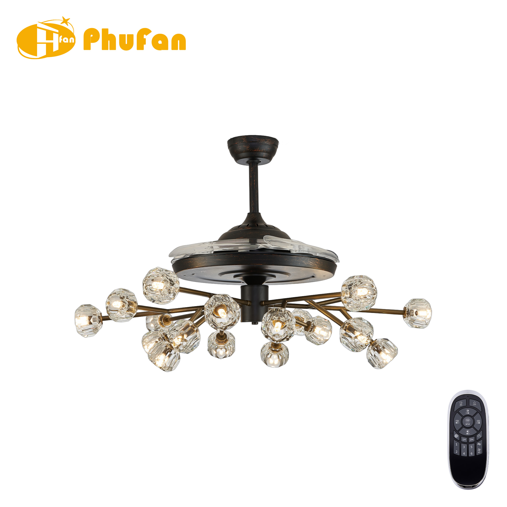 36 Inch Retractable Ceiling Fan Chandelier with Light and Remote