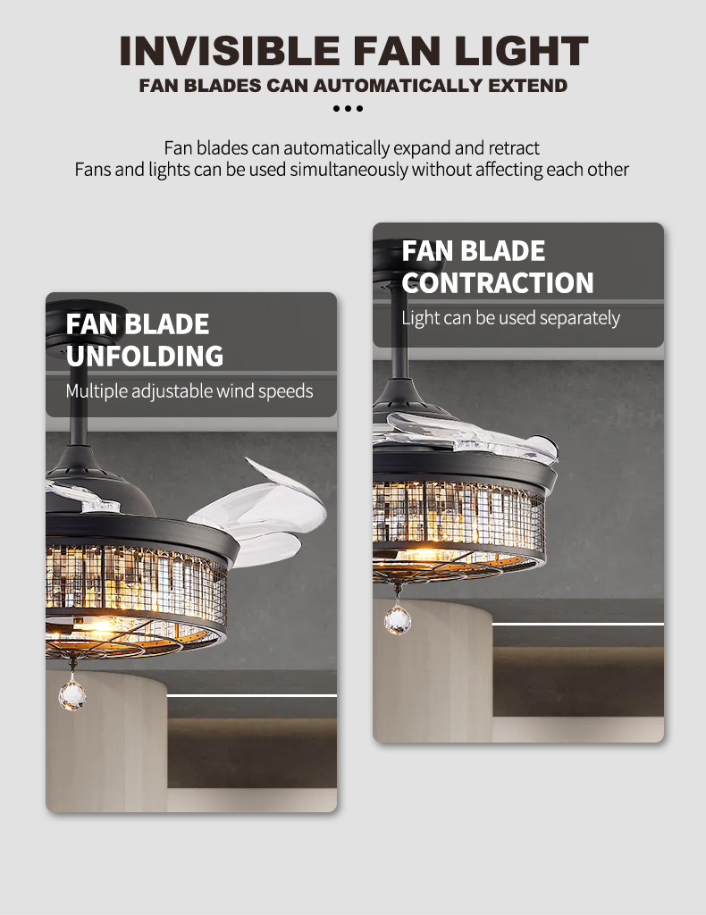 Mesh Crystal Retractable Fan Light Fixture Remote Dimmable Ventilation Lamp