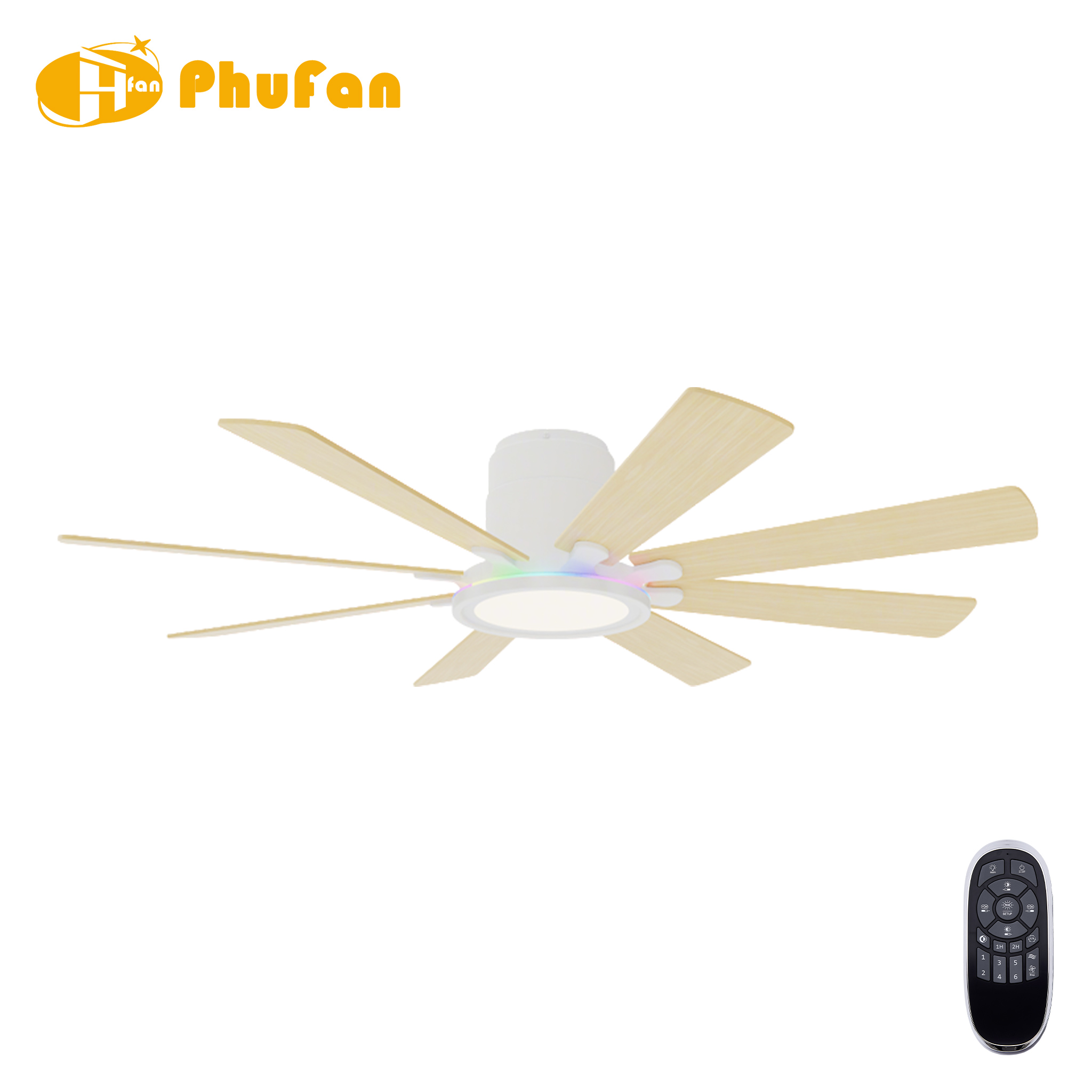 Large Flush Mount Ceiling Fan with RGB Light and Remote - 8 Blades