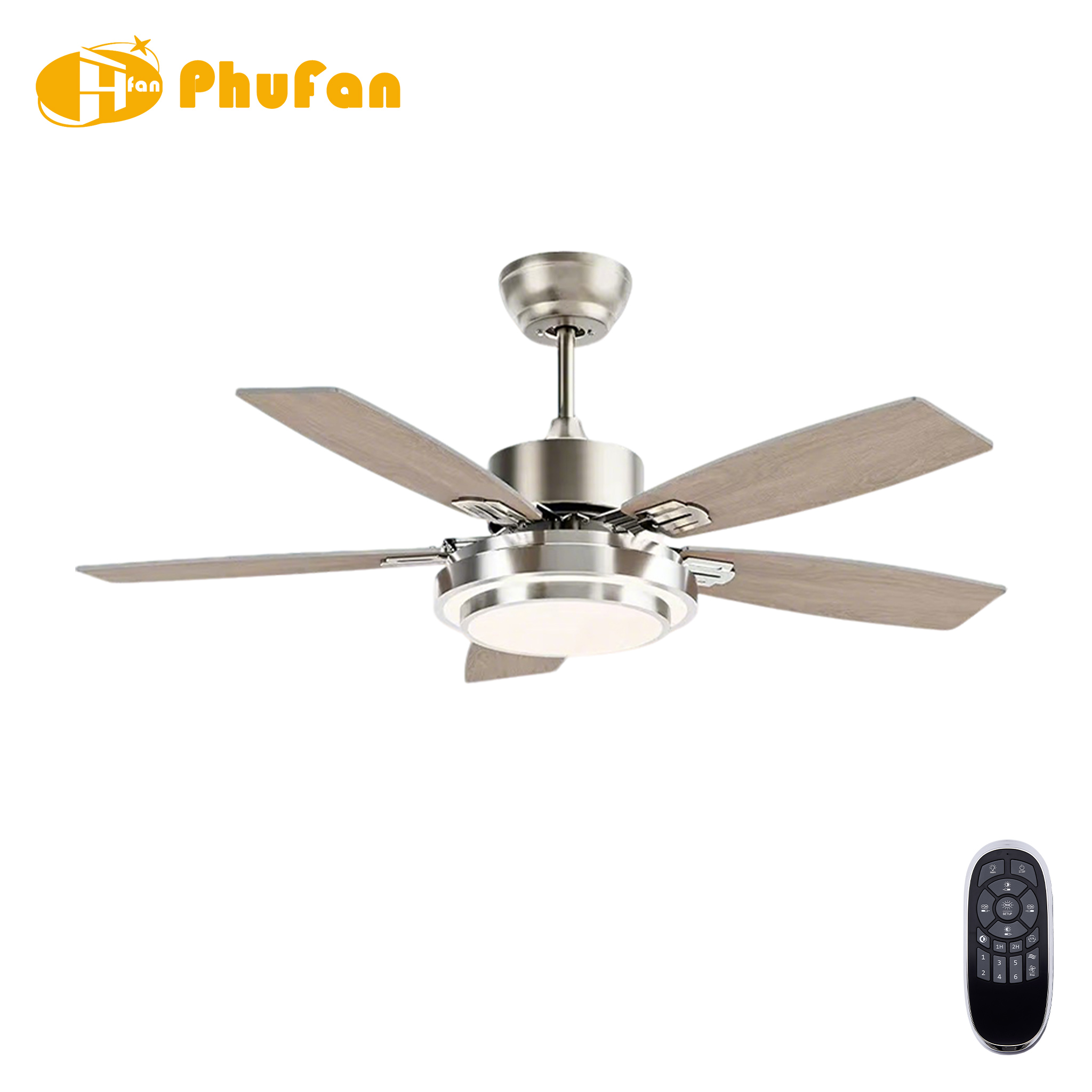 Elegant ceiling fan with light and remote control, five pale wood-grain blades and a brushed nickel housing.