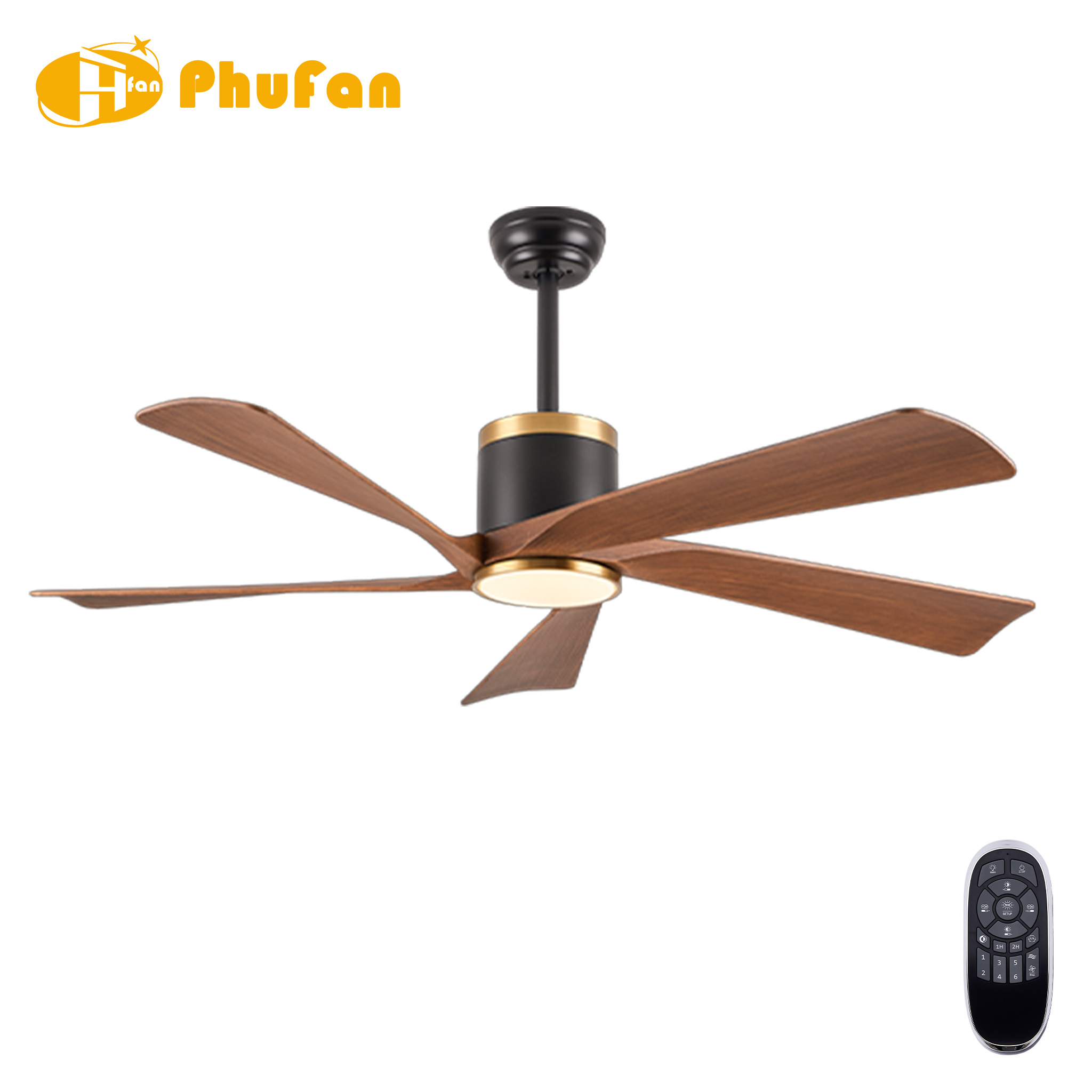52 inch modern ceiling fan with light, five wood-grain ABS blades and a black-and-gold housing beside a remote.