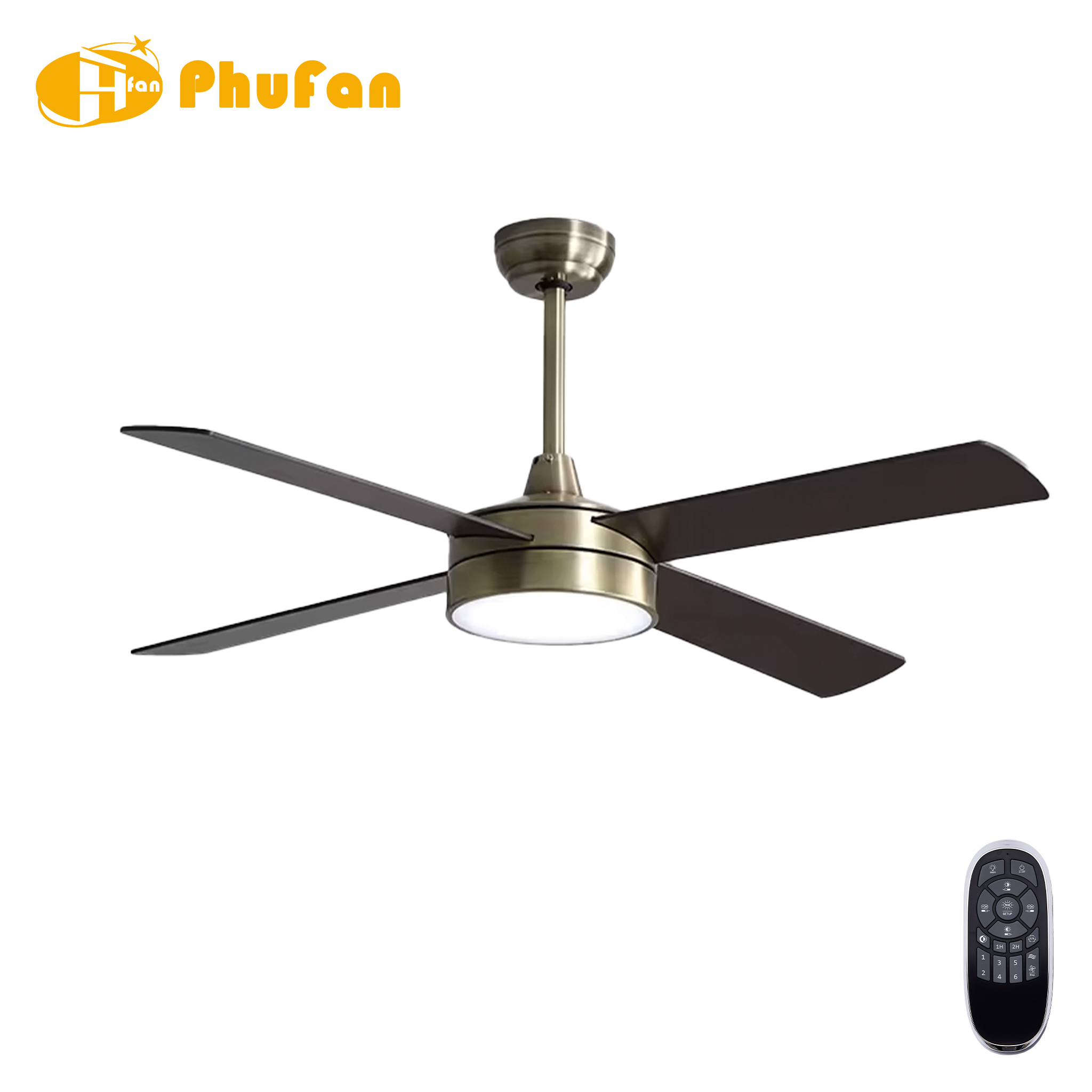 Bronze-colored four-blade ceiling fan with a round light, dark blades and matching downrod, beside its remote.