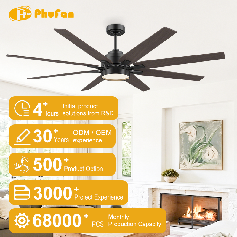 Farmhouse ceiling fan with light for family room, eight wood-grain blades shown above a seating area beside a fireplace.