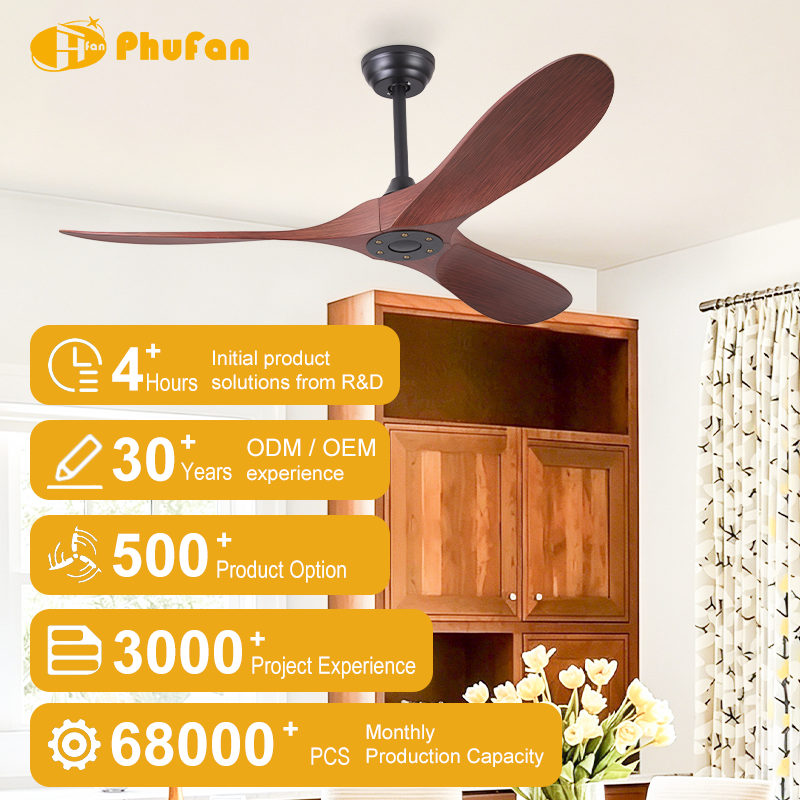 No Light 3 Aerodynamic Wood Grain Ceiling Fan, Wide Curved Dark Walnut ABS Blade
