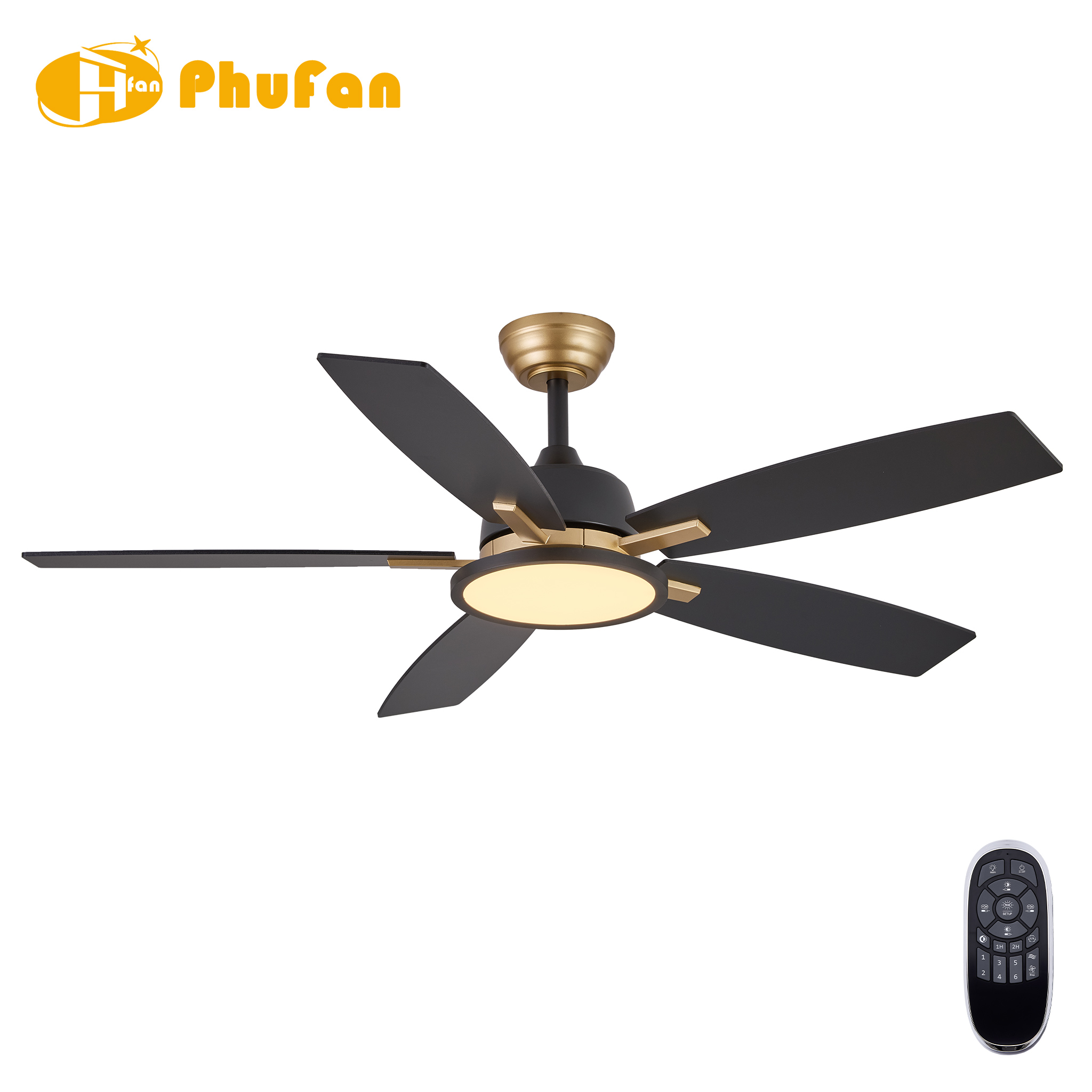 Compact luxury ceiling fan with light, black blades and polished gold trim pictured beside a remote.