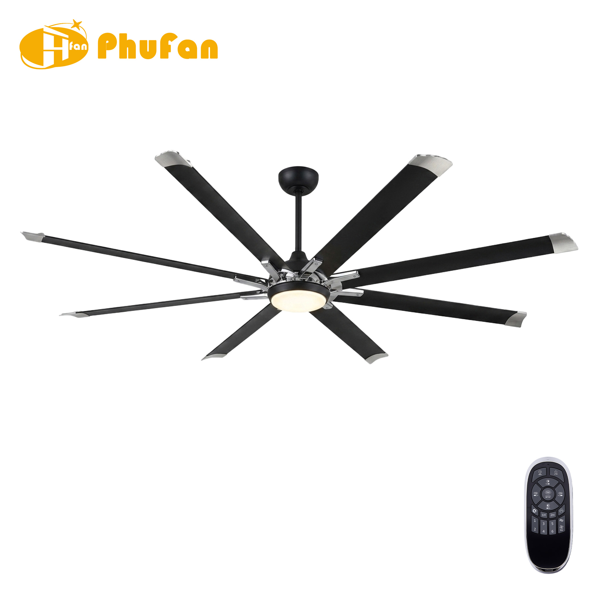 Eight-blade black ceiling fan with a round light, silver blade tips and downrod, pictured beside a remote.