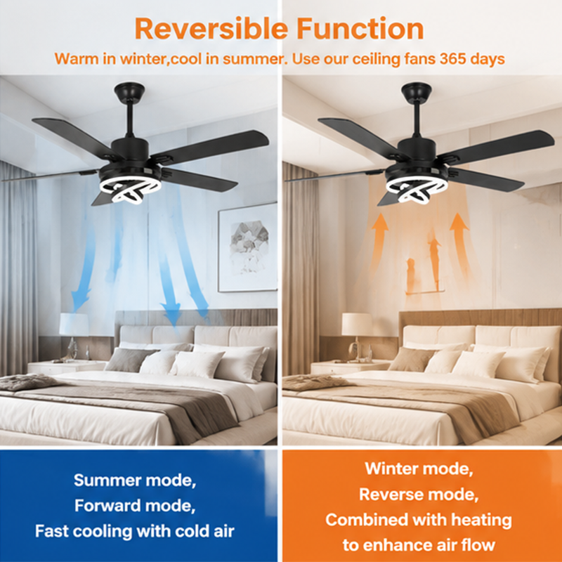 Two-panel diagram showing summer and winter airflow from a black ceiling fan with ring-shaped lights.