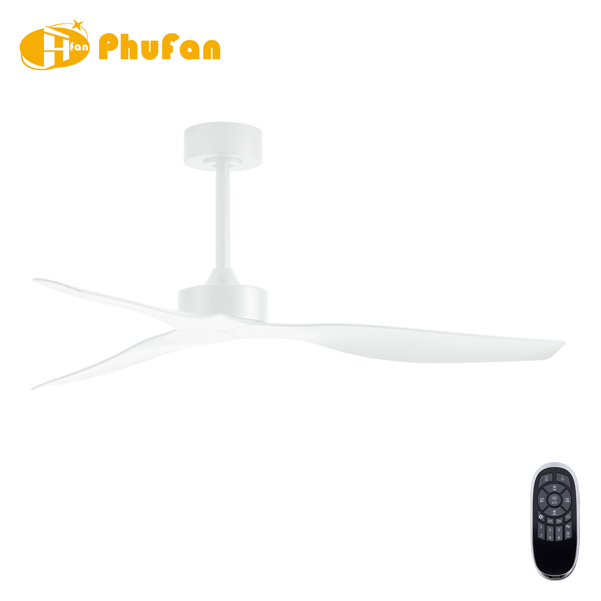 White ceiling fan without a light, with three curved blades and a matching downrod, pictured beside its remote.