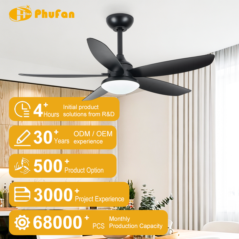 Ceiling fan with light and remote control for family room, black three-blade design above a seating area.