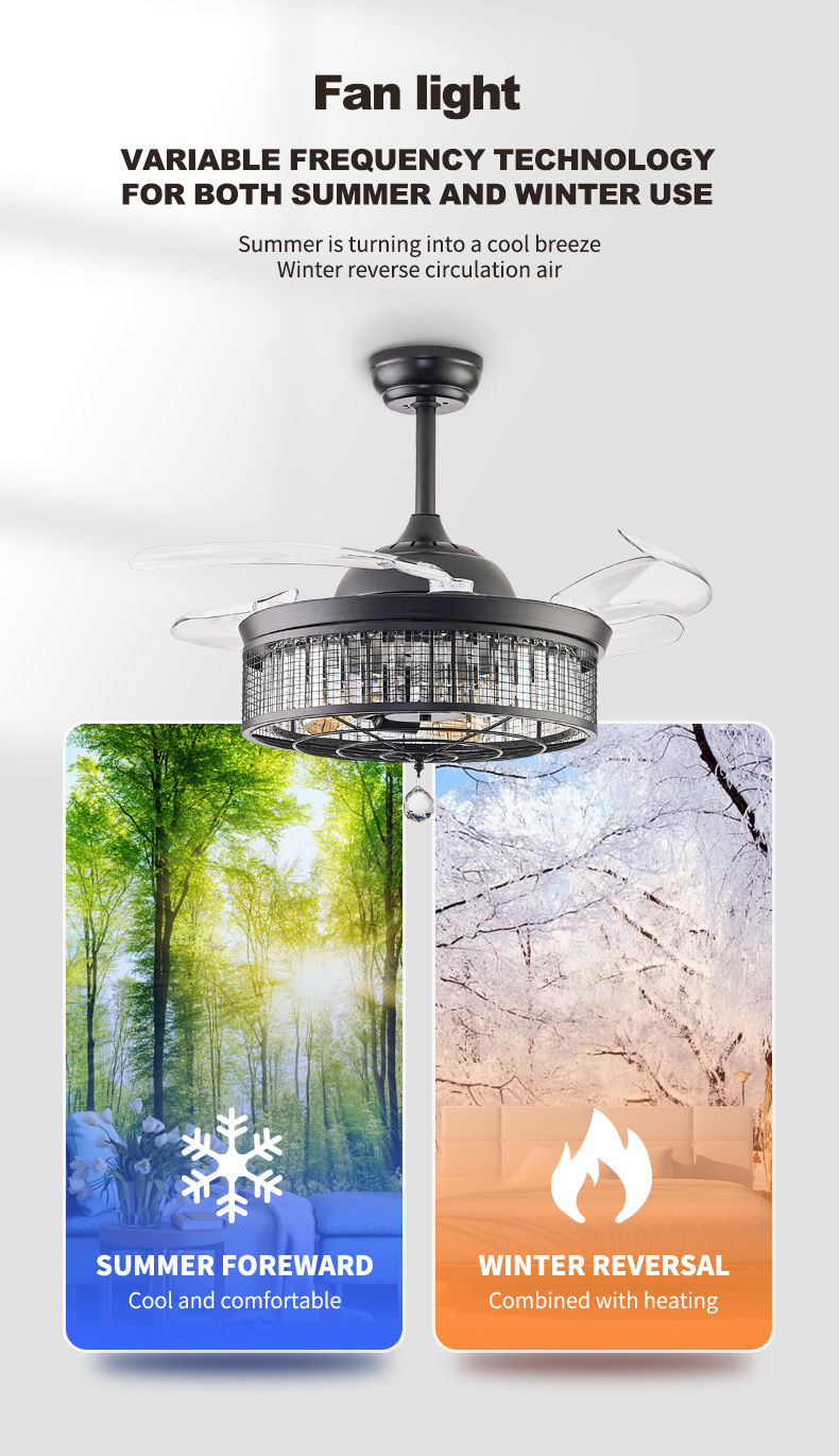 Thumbnail: Mesh Crystal Retractable Fan Light Fixture Remote Dimmable Ventilation Lamp