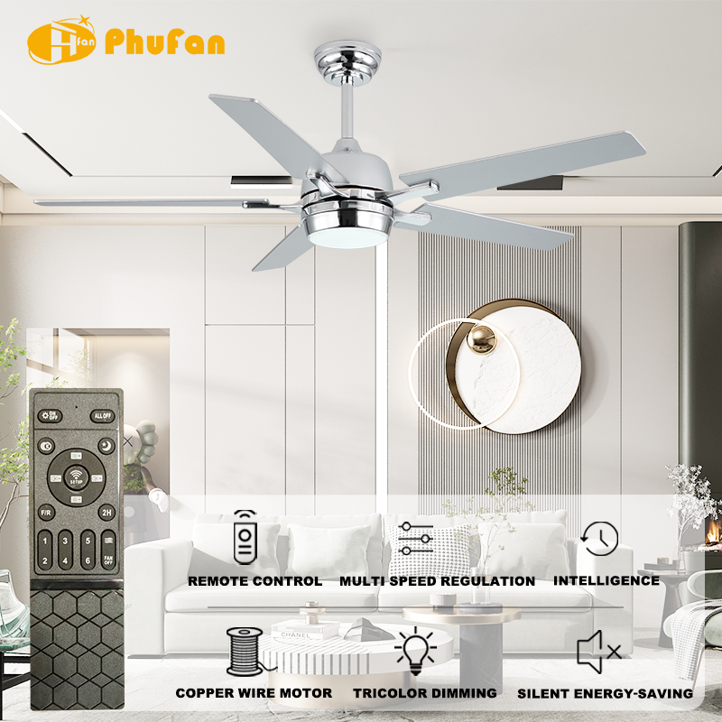 5 Blade Chrome Ceiling Fan Light Remote Control Silent Reversible BLDC Motor