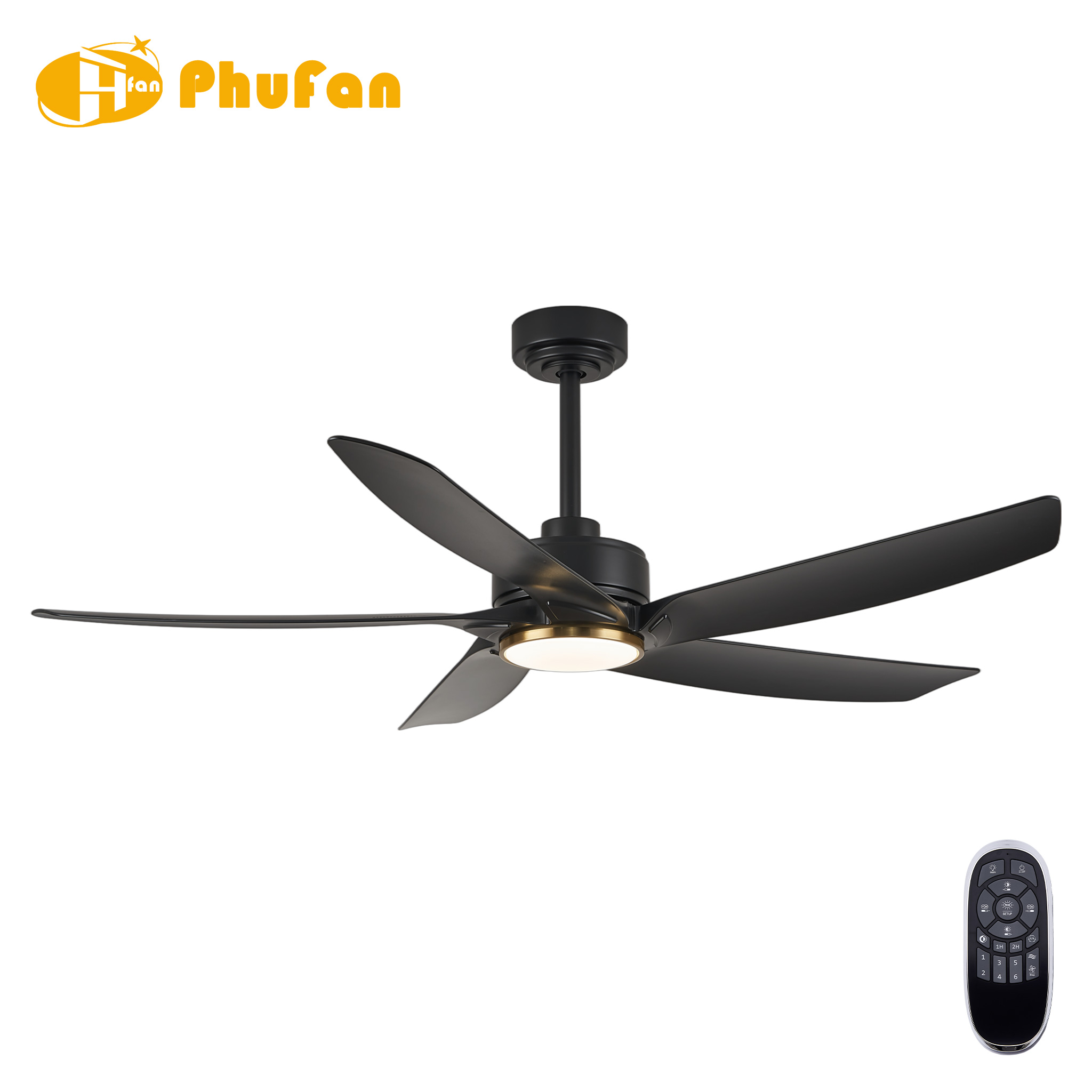 Five curved black ABS blades on a fan light with gold trim, a matching downrod and a handheld remote.