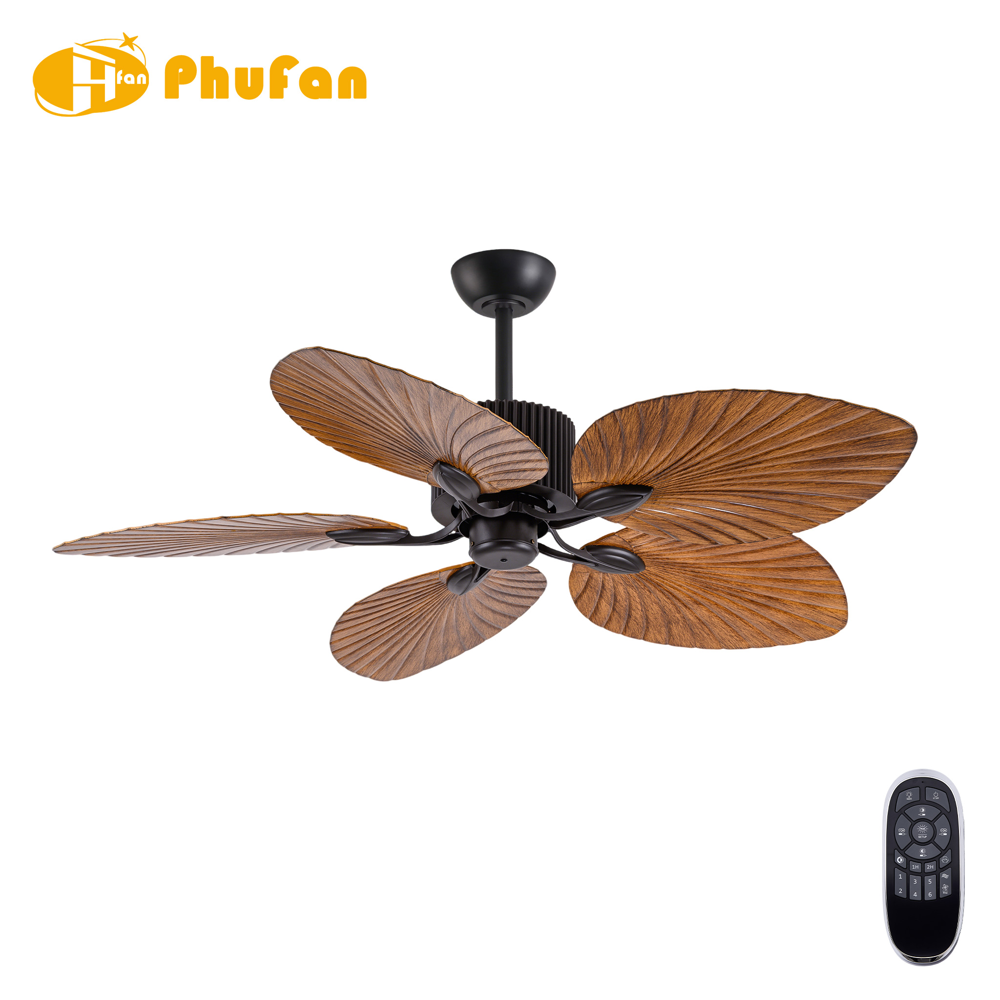 Tropical ceiling fan without a light, with five palm-leaf-shaped wood-grain ABS blades and black housing, beside a remote.